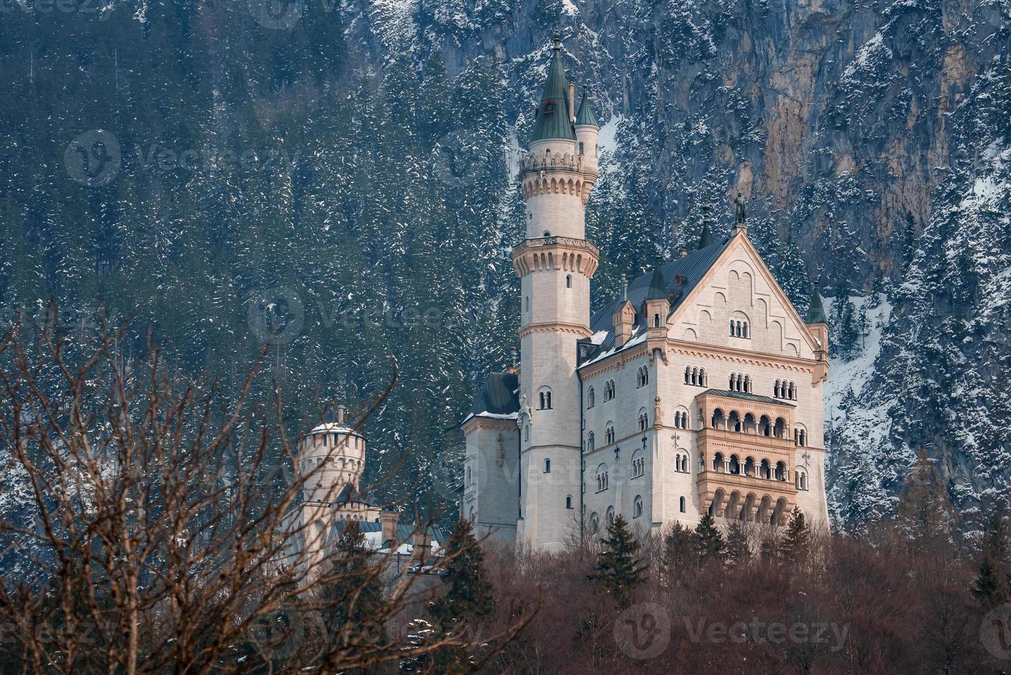 skön se av de neuschwanstein slott eller schloss neuschwanstein på en vinter- dag, med de bergen och träd capped med snö Allt runt om Det. foto