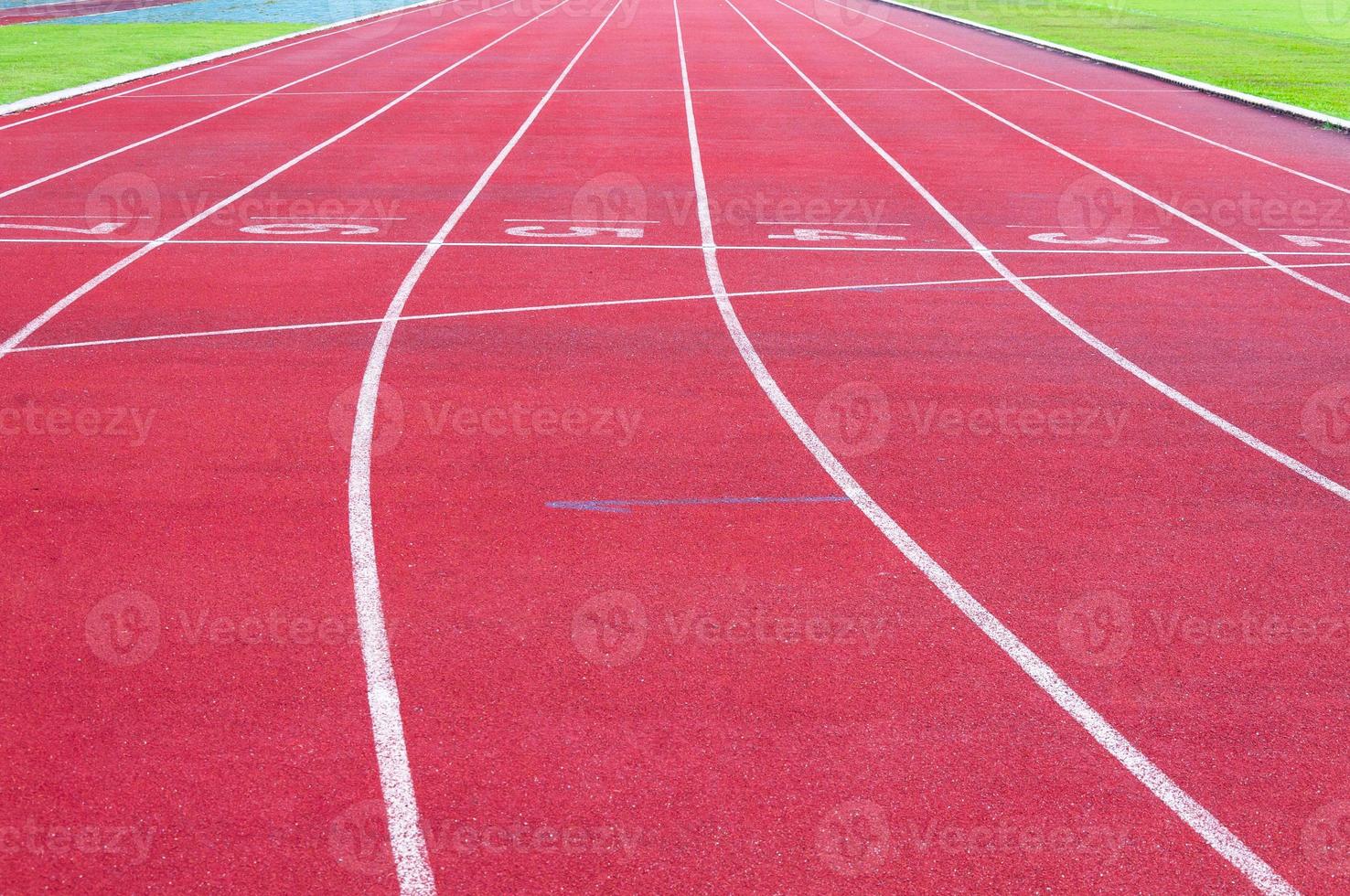 löpning Spår och grön gräs, direkt friidrott löpning Spår på sport stadion foto