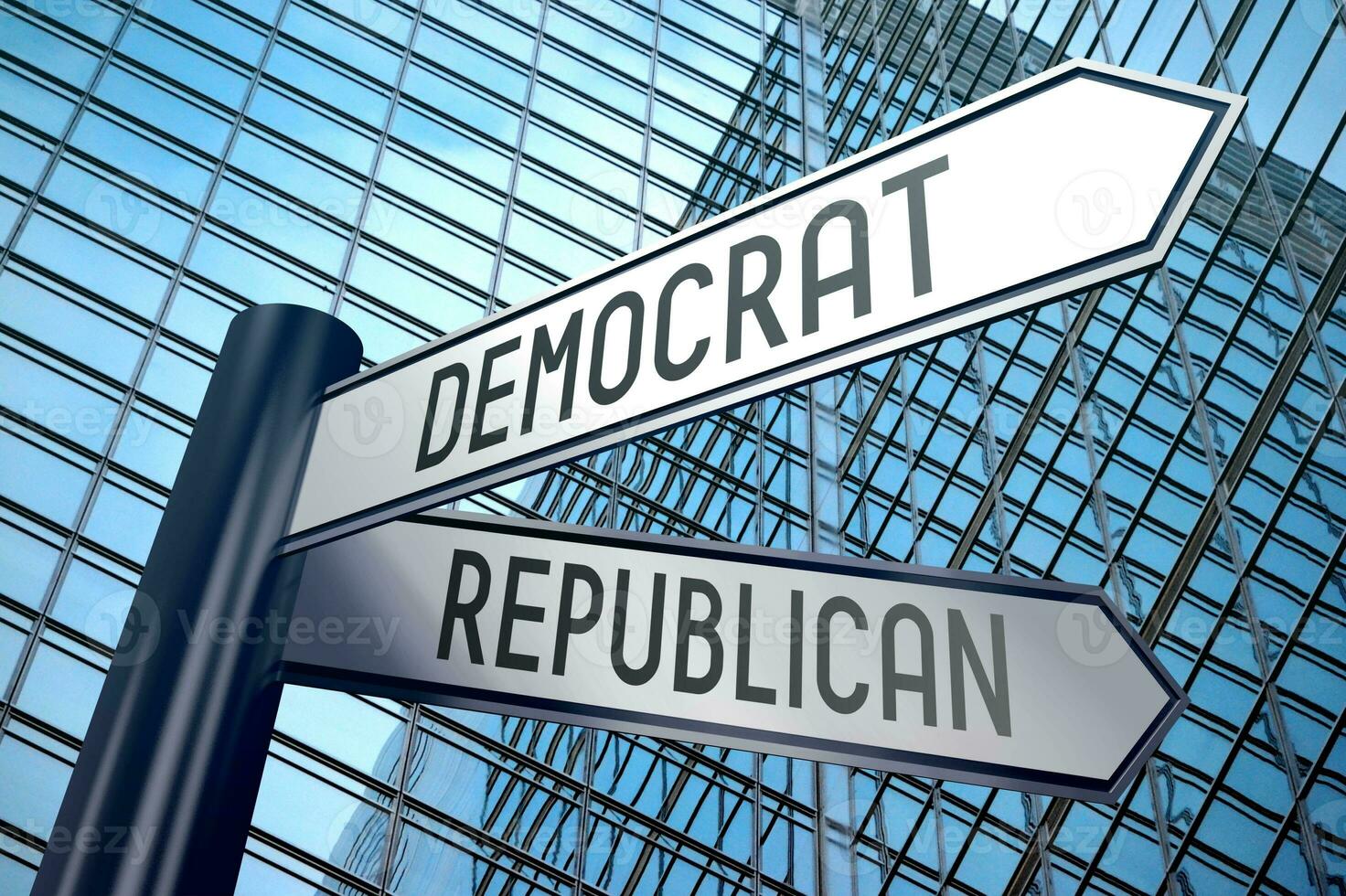 demokrat eller republikan - vägvisare med två pilar, kontor byggnad i bakgrund foto