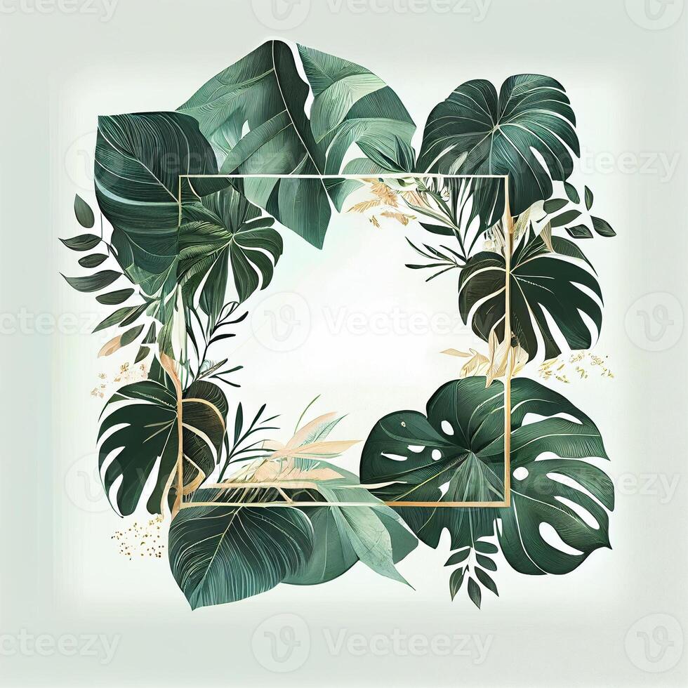 mall, vykort, baner för reklam grön tropisk monstera löv, handflatan träd - ai genererad bild foto
