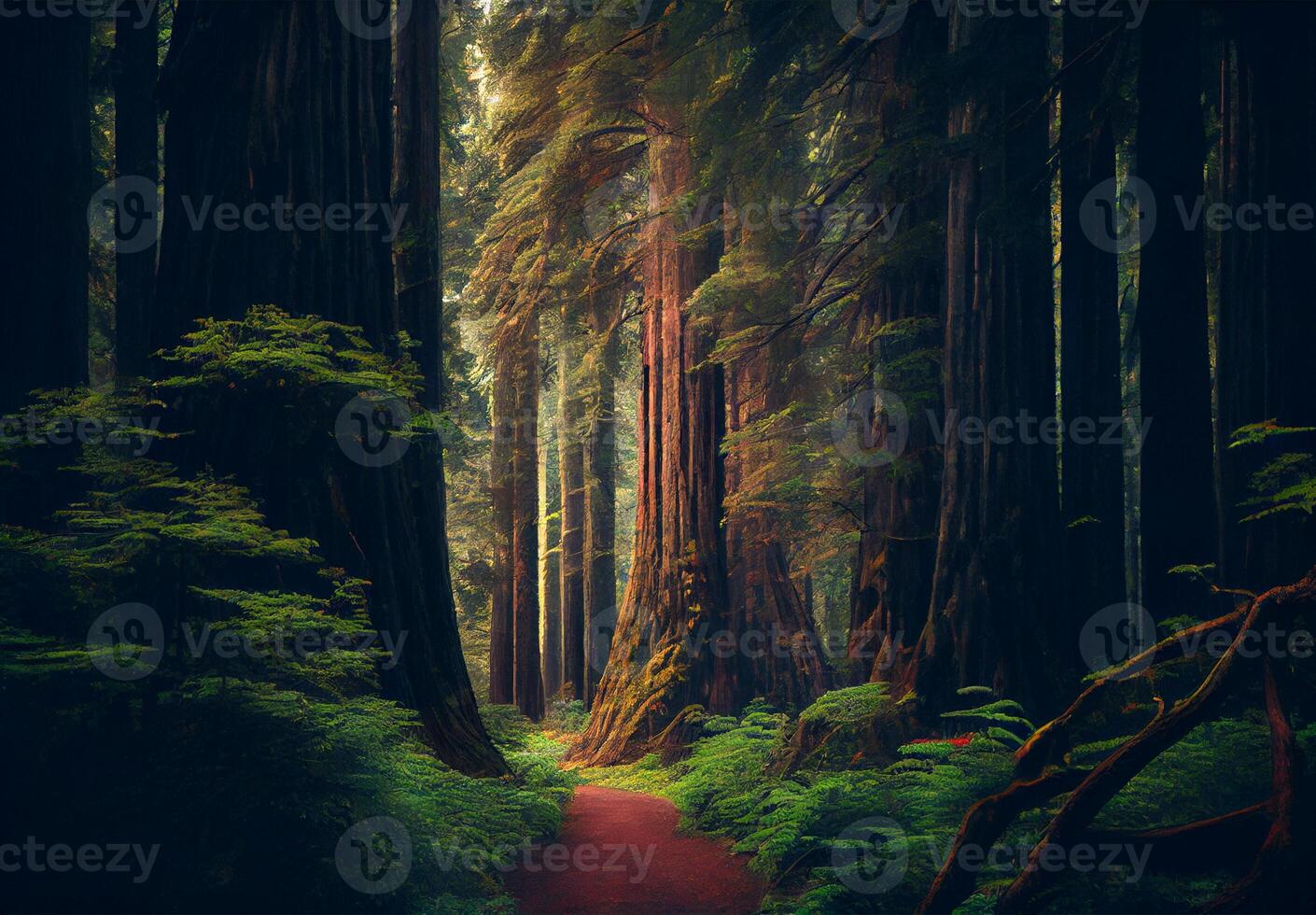 tät skog i Kalifornien, många sequoias - ai genererad bild foto