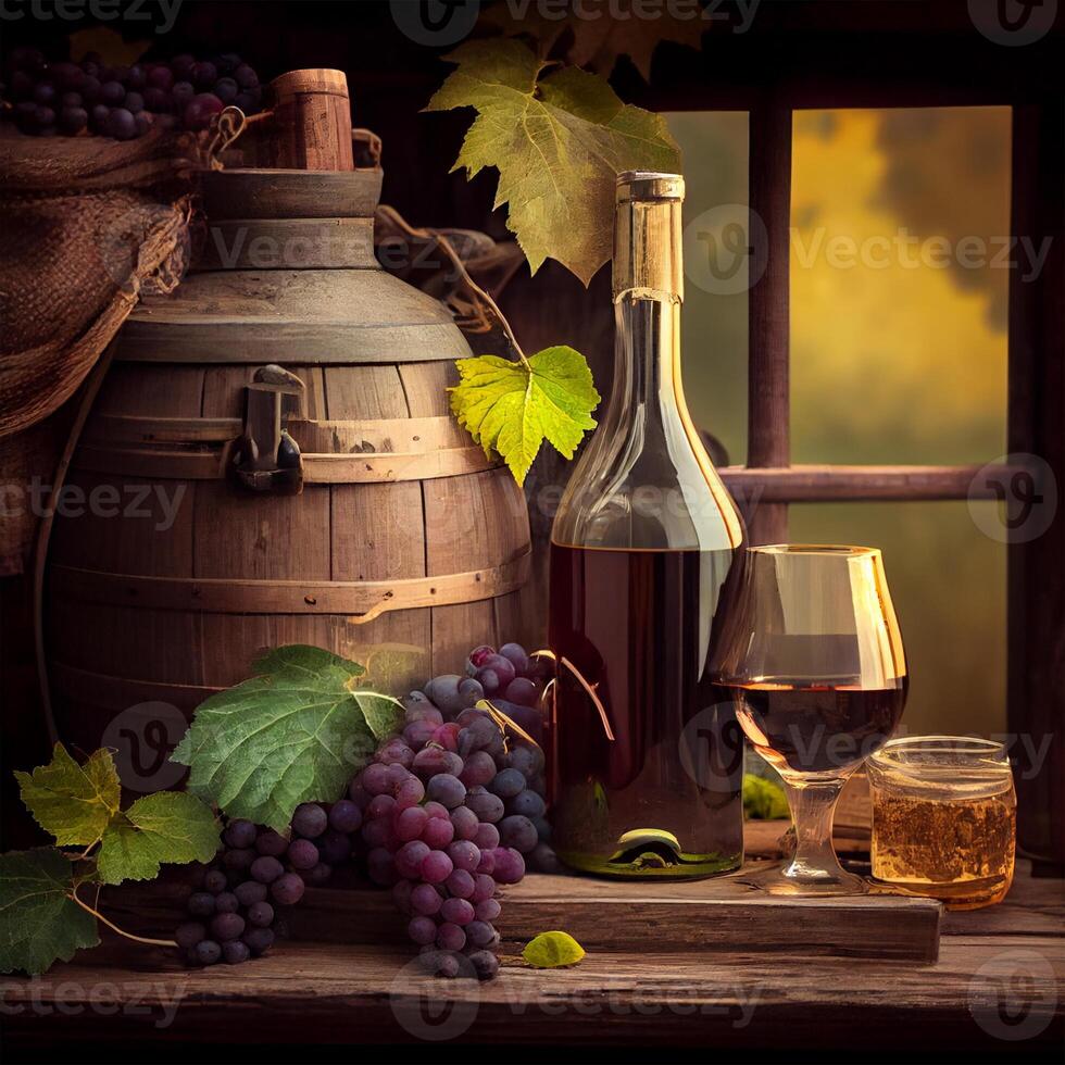 glasögon och en flaska av röd vin i en vingård - ai genererad bild foto