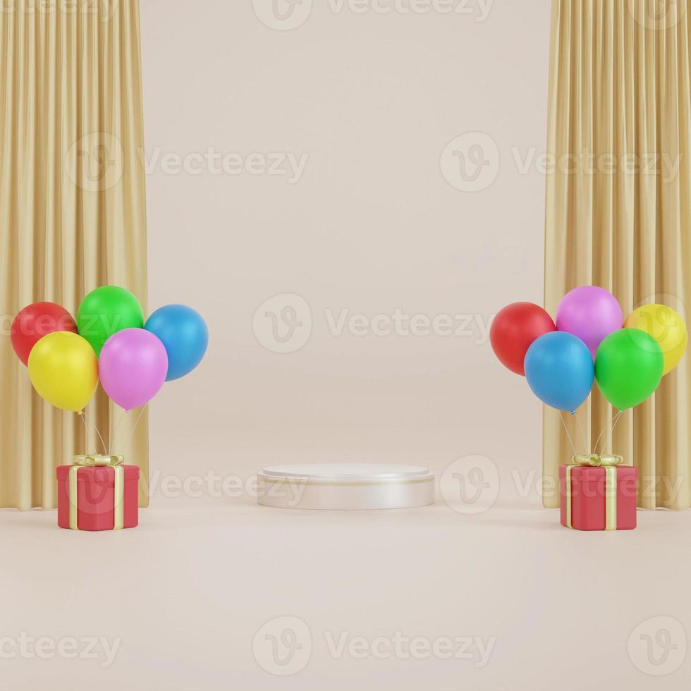 silver- cylinder piedestal podium och pastell ljus brun gardiner, röd gifbox, ballonger. produkt visa presentation. 3d tolkning foto
