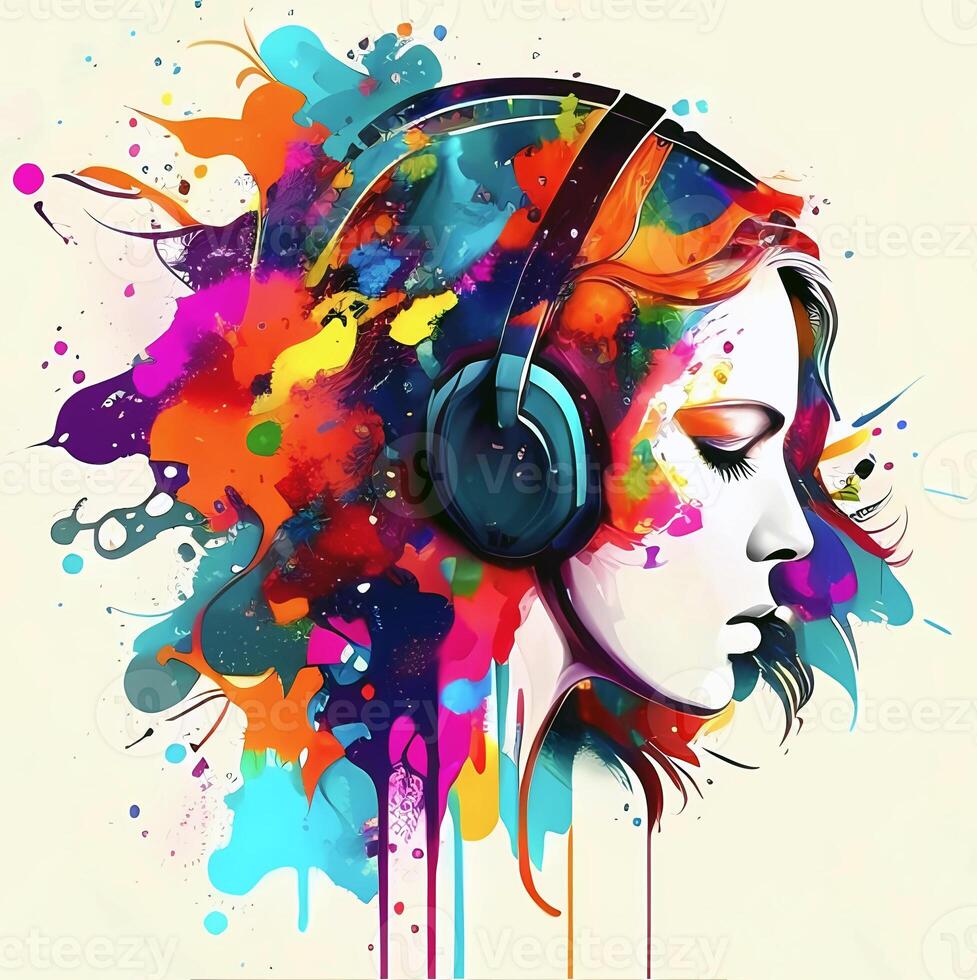 kreativ musik bakgrund. färgrik huvud bär hörlurar på ljus bakgrund ljud inspiration. skapas med generativ ai. foto