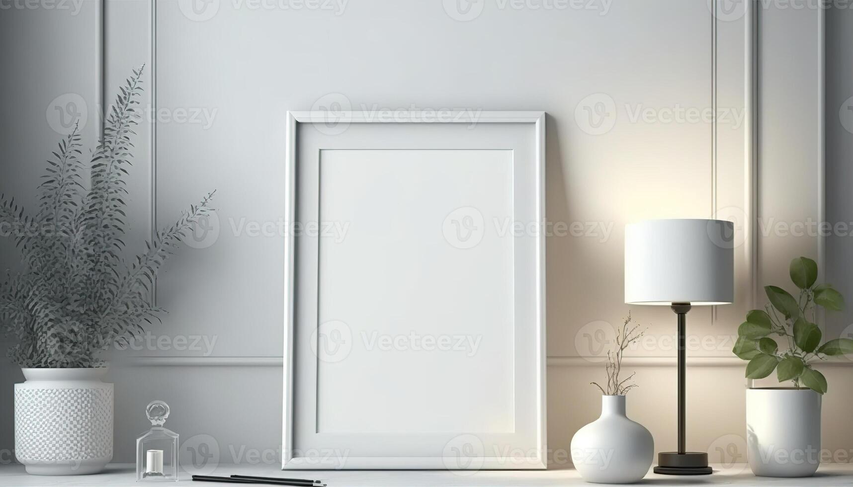 generativ ai, realistisk vit affisch falsk upp på Hem interiör, vit vägg bakgrund foto