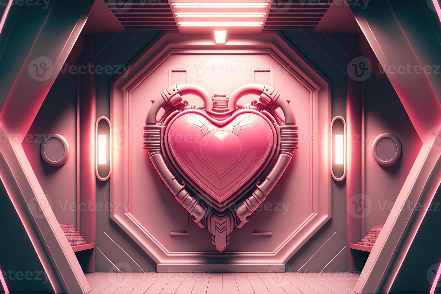 generativ ai, trogen Plats fartyg rum med rosa hjärta i cyberpunk stil illustration. kärlek, känslor, romantisk st. hjärtans dag begrepp. sci-fi, realistisk 3d effekt. foto