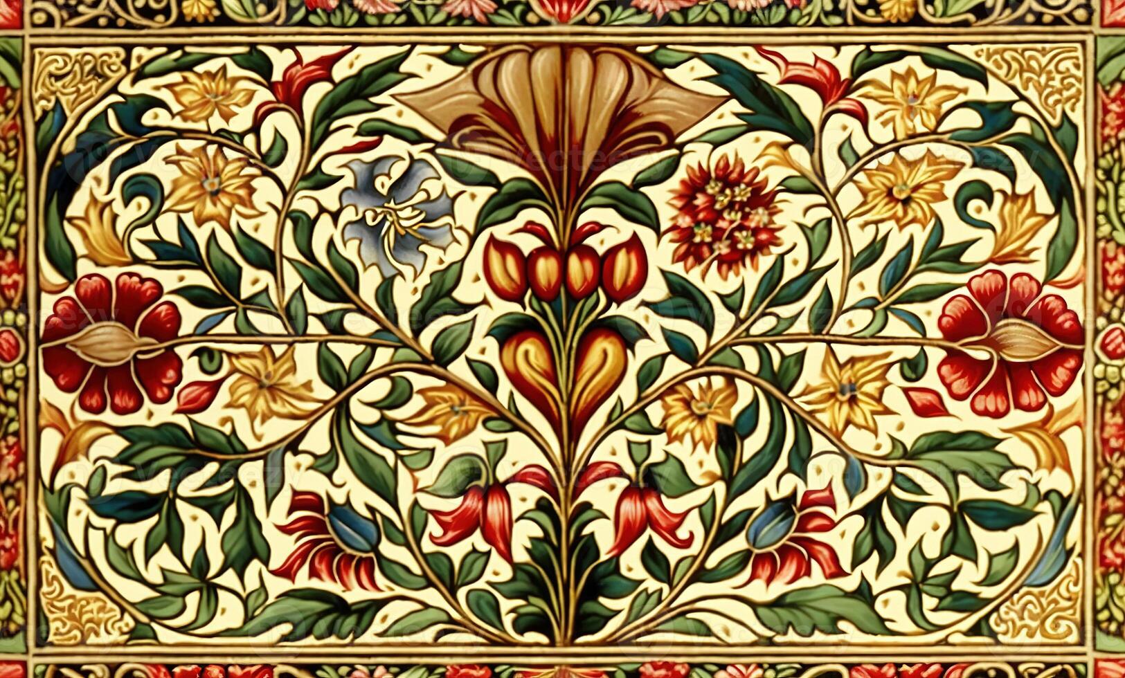 generativ ai, blommig färgrik islamic arabicum mönster. william morris inspirerad naturlig växter och blommor bakgrund, årgång illustration. lövverk prydnad. foto