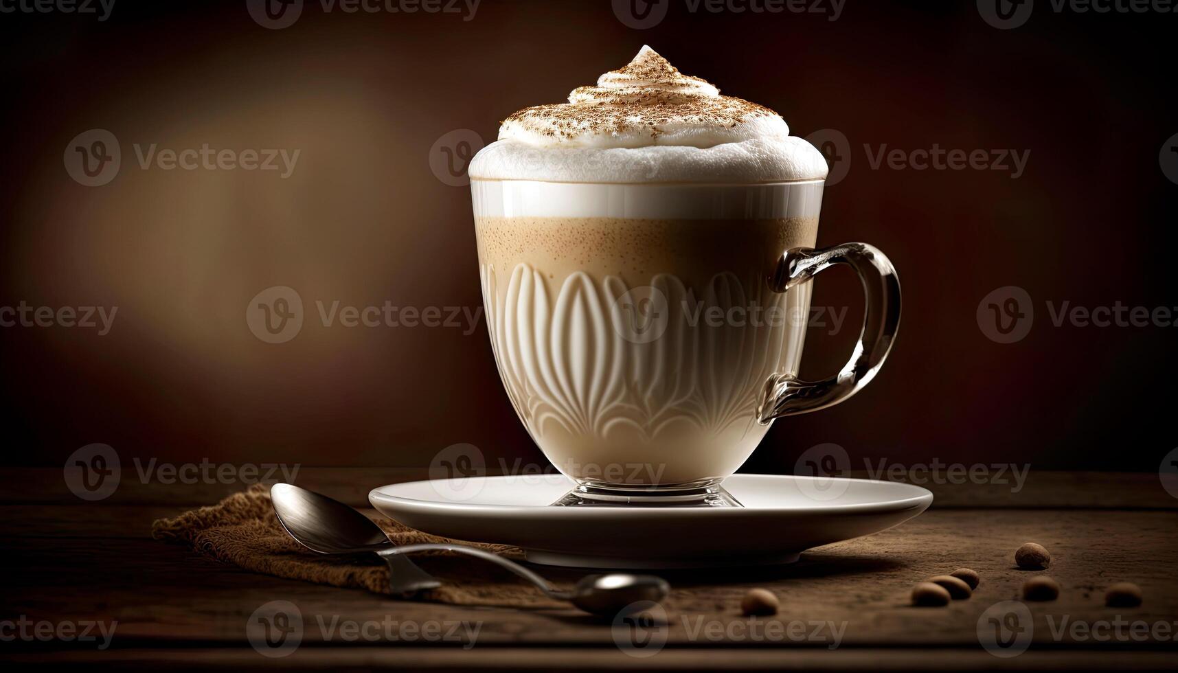 horisontell bild av utsökt cappuccino kaffe över mörk bakgrund med kopia Plats. generativ ai. foto