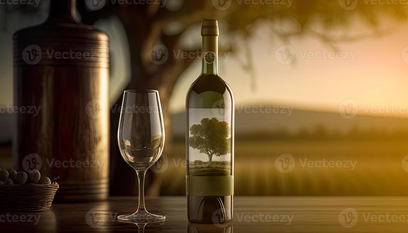fortfarande liv av en flaska av vin med glasögon och vindruvor över en skön vingård bakgrund. generativ ai. foto