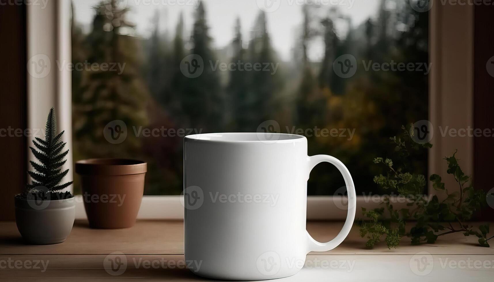 generativ ai, realistisk vit keramisk kopp uppstart i på Hem interiör, råna falsk upp tom. fotorealistisk illustration foto