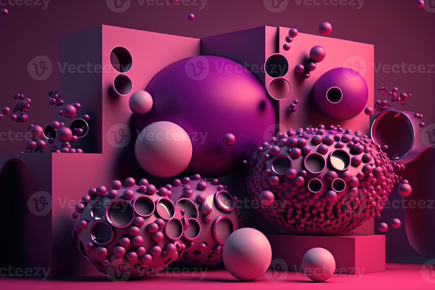 generativ ai, geometrisk siffror, kub, flytande sfärer och bollar i magenta Färg. glansig rosa vätska baner, 3d scen effekt, modern makro fotorealistisk abstrakt bakgrund illustration. foto