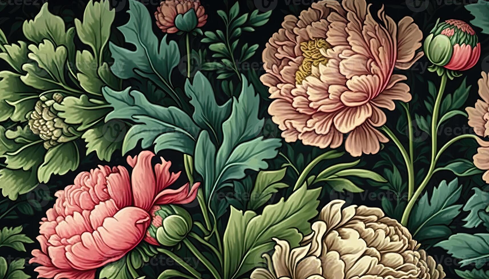 generativ ai, blommig färgrik mönster. william morris inspirerad naturlig växter och rosa pion blommor bakgrund, årgång illustration. lövverk prydnad. foto