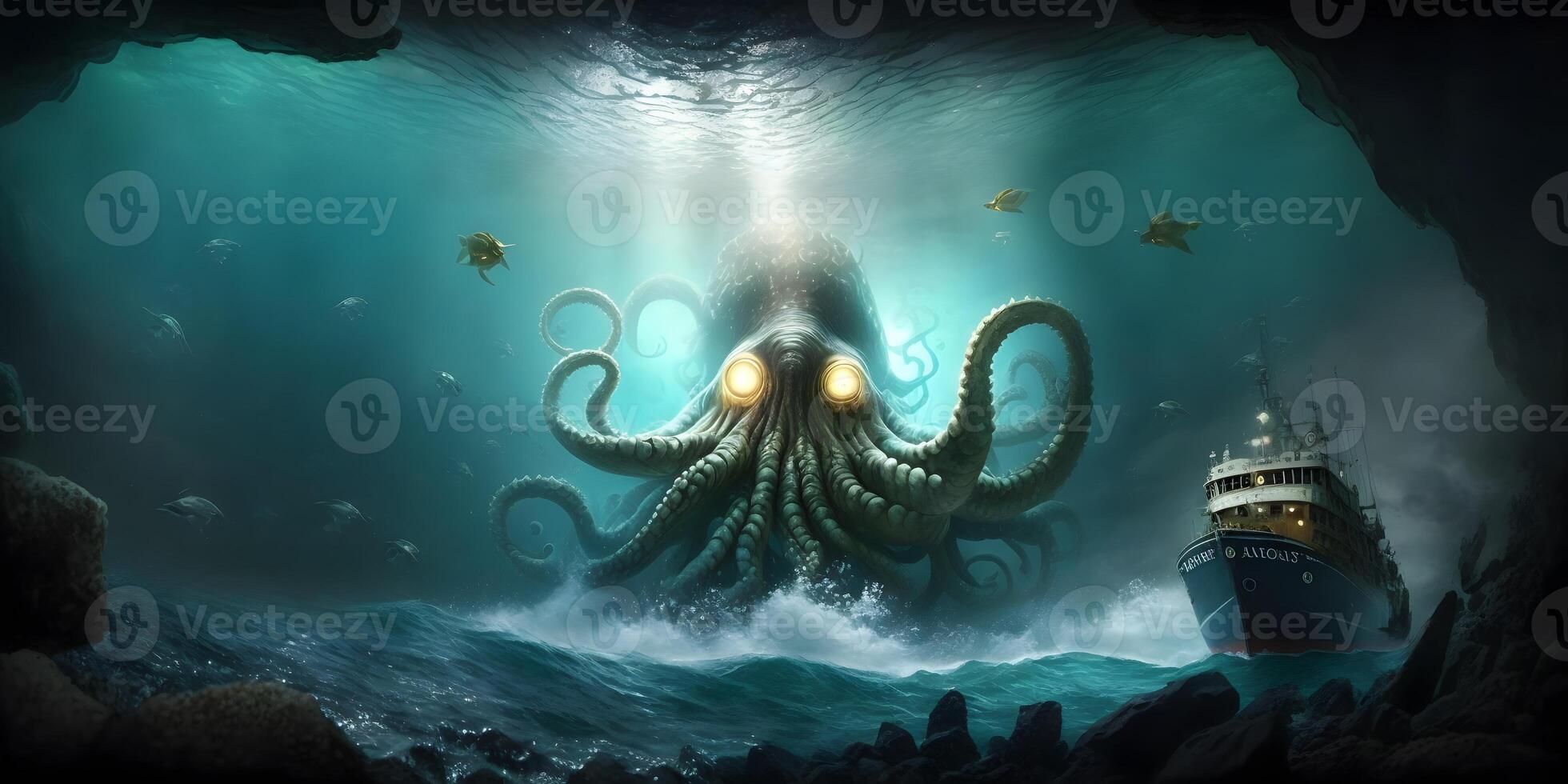 kraken eller cthulhu ge sig på på fartyg i de hav, ai genererad foto