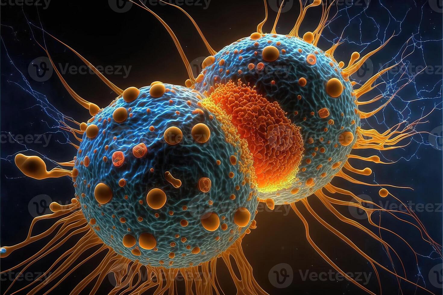 cancer cell attackera annan cell lysande i de mörk abstrakt bakgrund. ai genererad foto