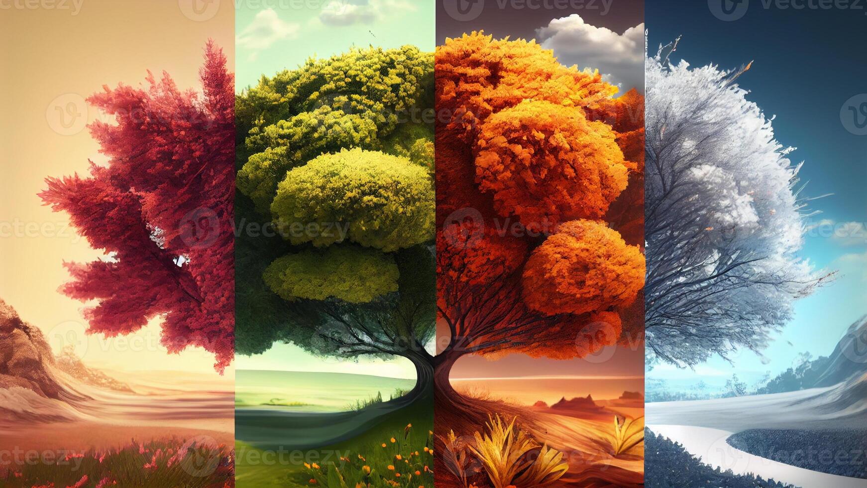 fyra säsonger med vår, sommar, höst, vinter. träd skön för din design med generativ ai foto