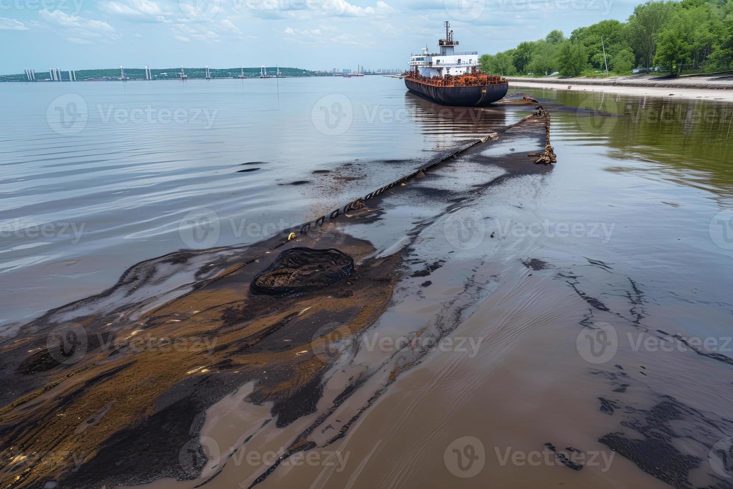 olja läcka från fartyg , olja spill förorening förorenad vatten yta vatten förorening som en resultat av mänsklig aktiviteter foto