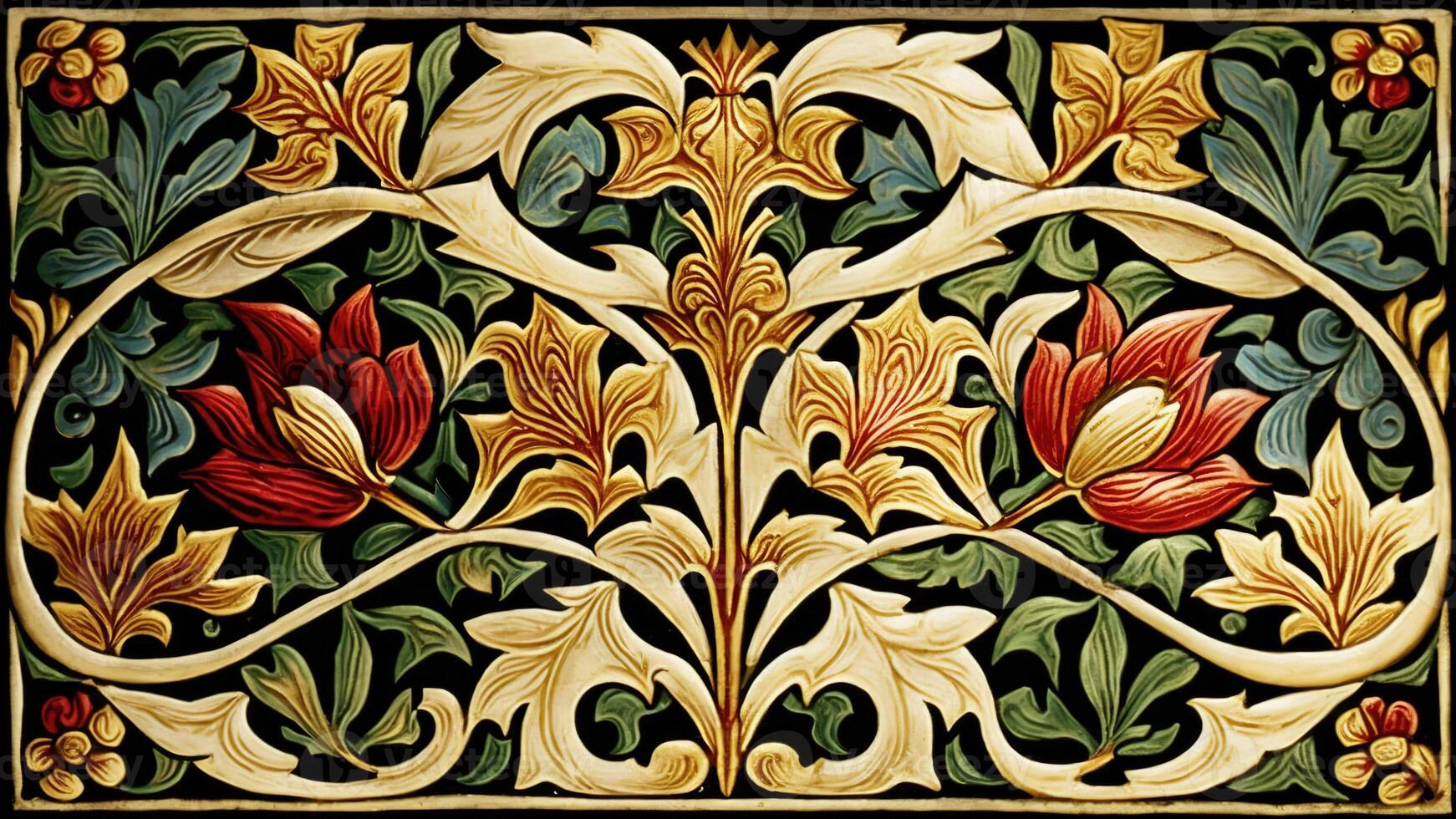 generativ ai, blommig färgrik islamic arabicum mönster. william morris inspirerad naturlig växter och blommor bakgrund, årgång illustration. lövverk prydnad. foto