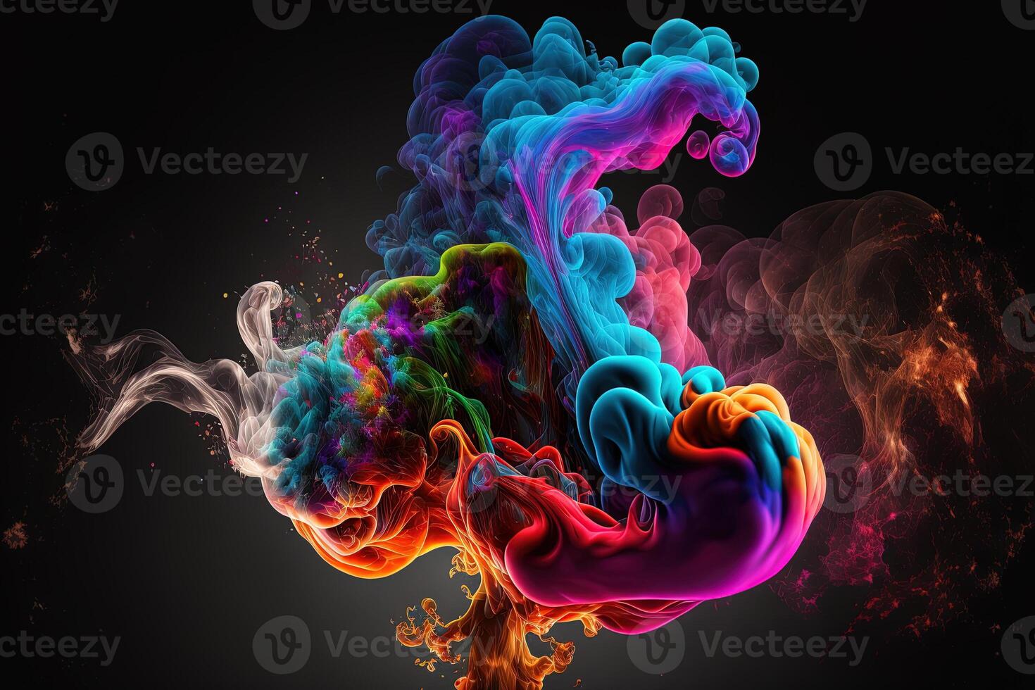 generativ ai, strömmande färgrik flytande och rök med stänk. ljus vätska baner, 3d effekt, modern makro realistisk abstrakt bakgrund illustration, bläck i vatten effekt. foto