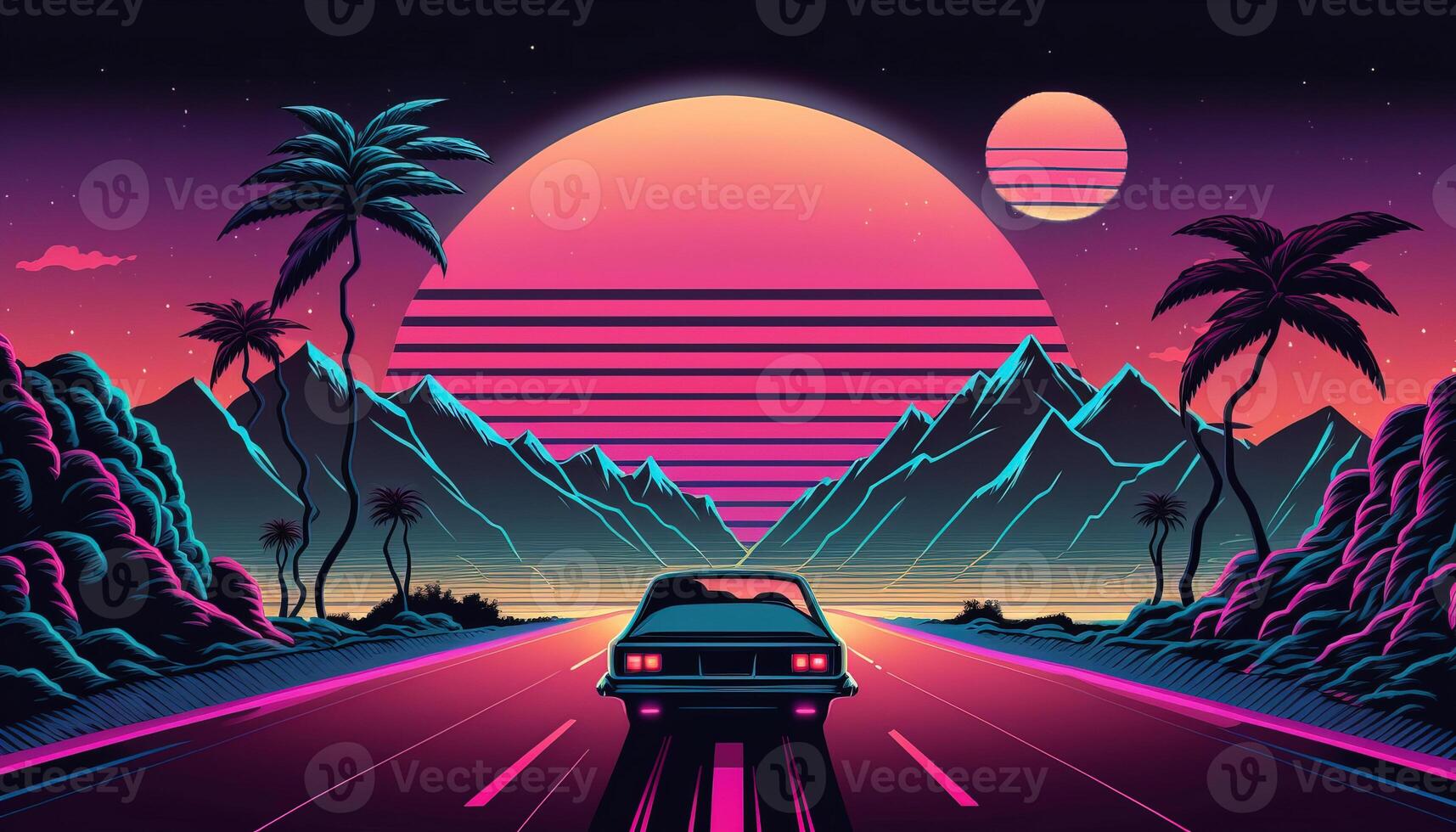 generativ ai, retro bil i retro stil, nostalgisk 80-tal, 90-tal. natt stad landskap, solnedgång färger, scifi, retrowave årgång illustration. Sol, byggnader och fåglar. transport, bil begrepp. foto