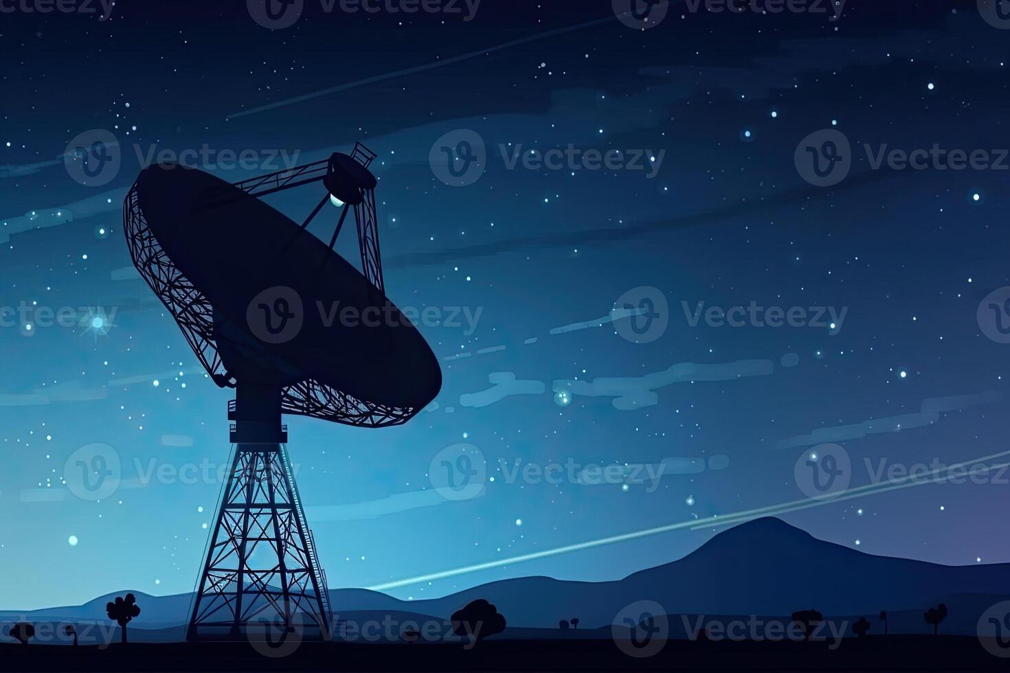 radio teleskop på starry natt. antenn för av Plats signaler forskning. Plats observatorium. skapas med generativ ai foto