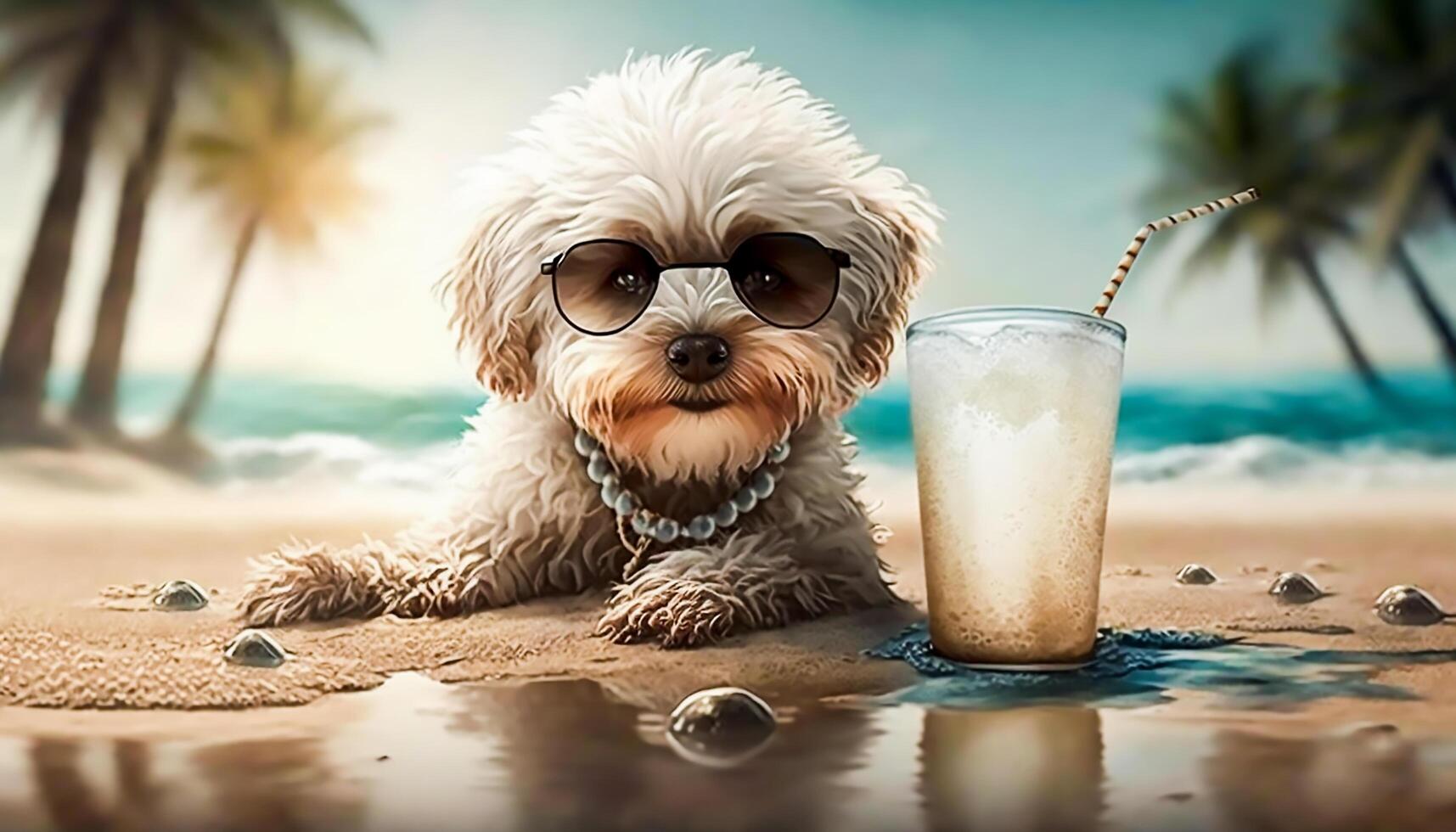 söt hund - pöl bär Sol glasögon njuter på de strand med en dryck generativ ai foto