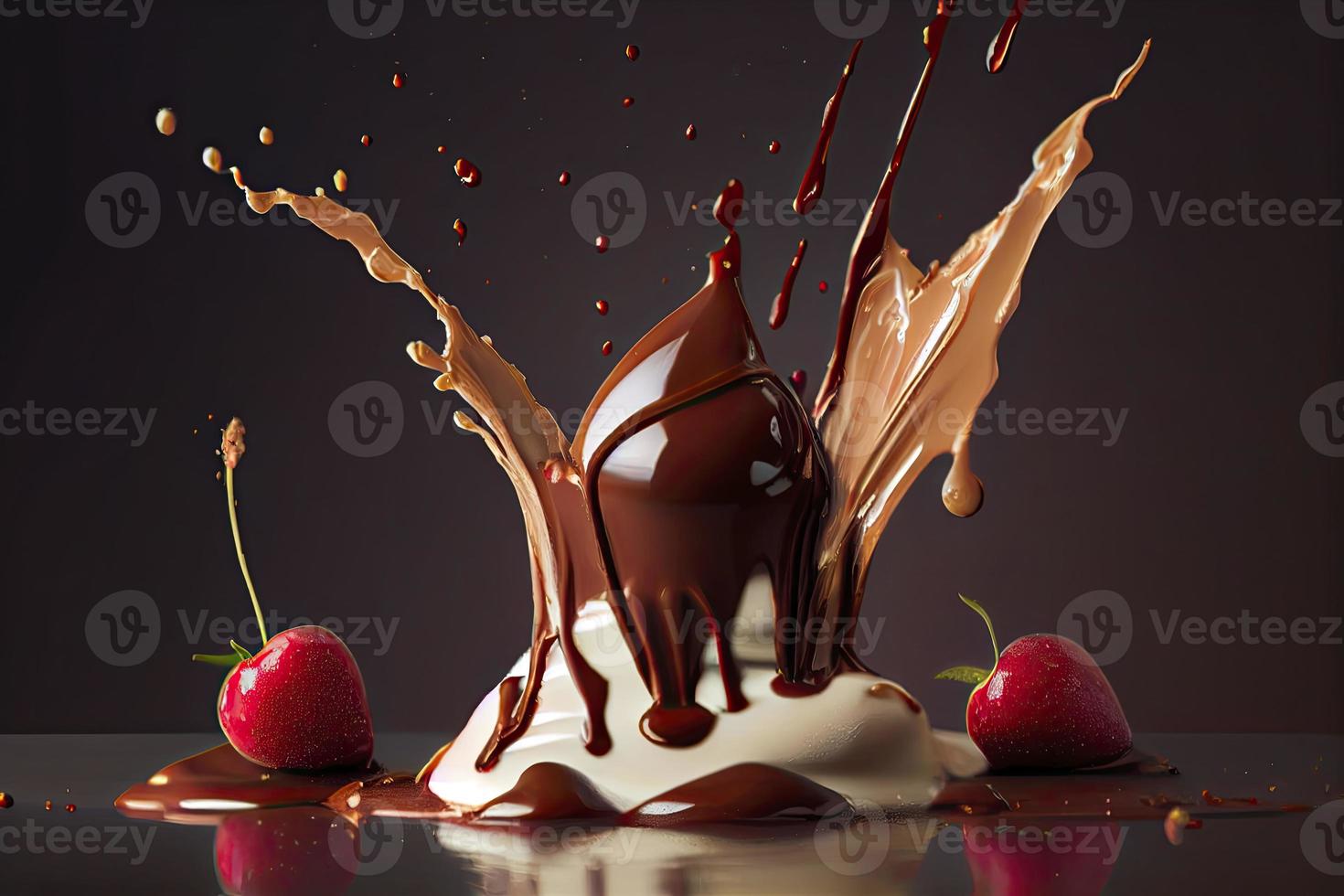 körsbär faller in i choklad foto