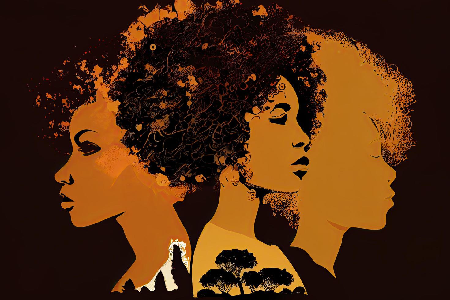 svart historia månad för modern gånger illustration med måla Färg svart kvinnor med afro hår silhuett foto