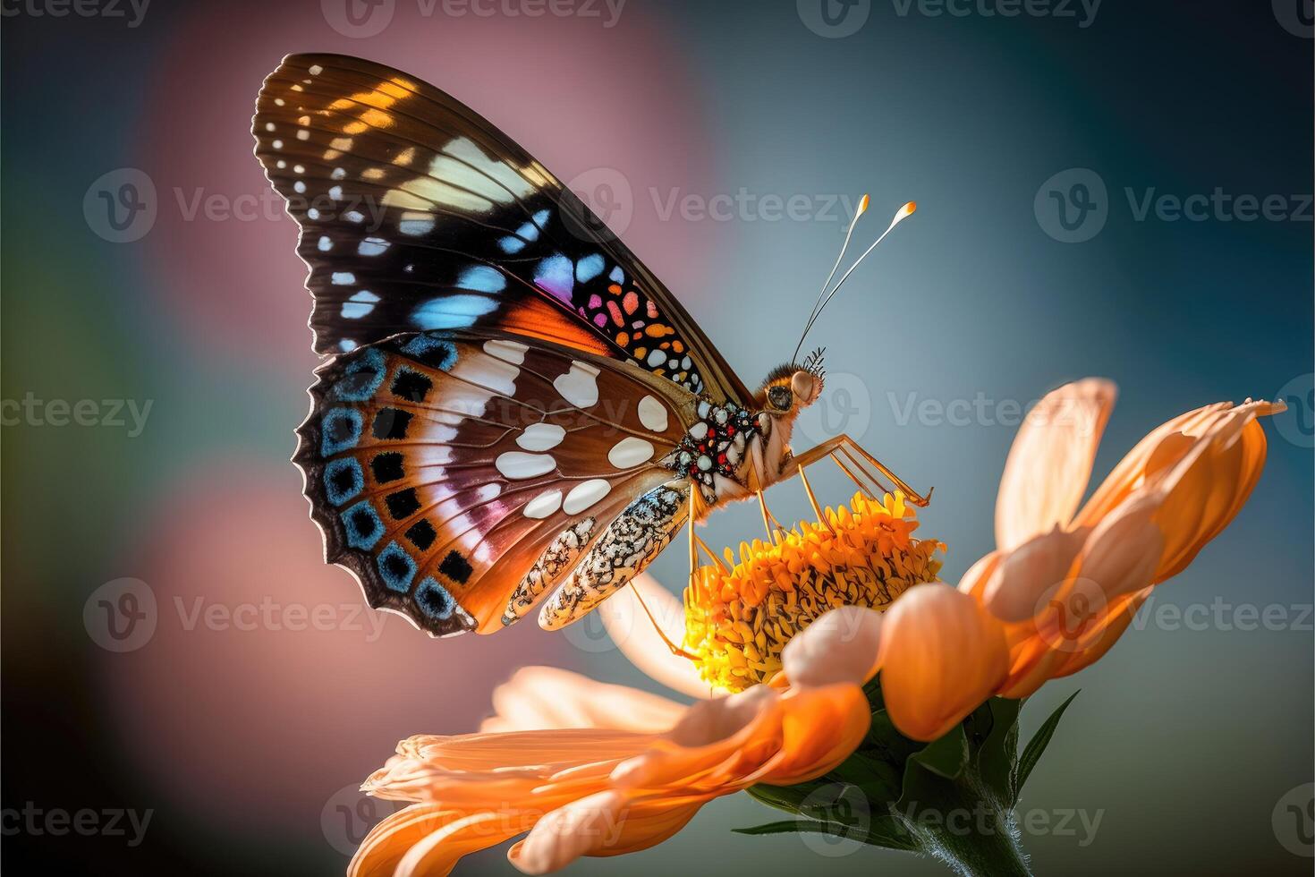 ai genererad fjäril sugande nektar från blommor. stänga upp fjäril på en blomma. foto