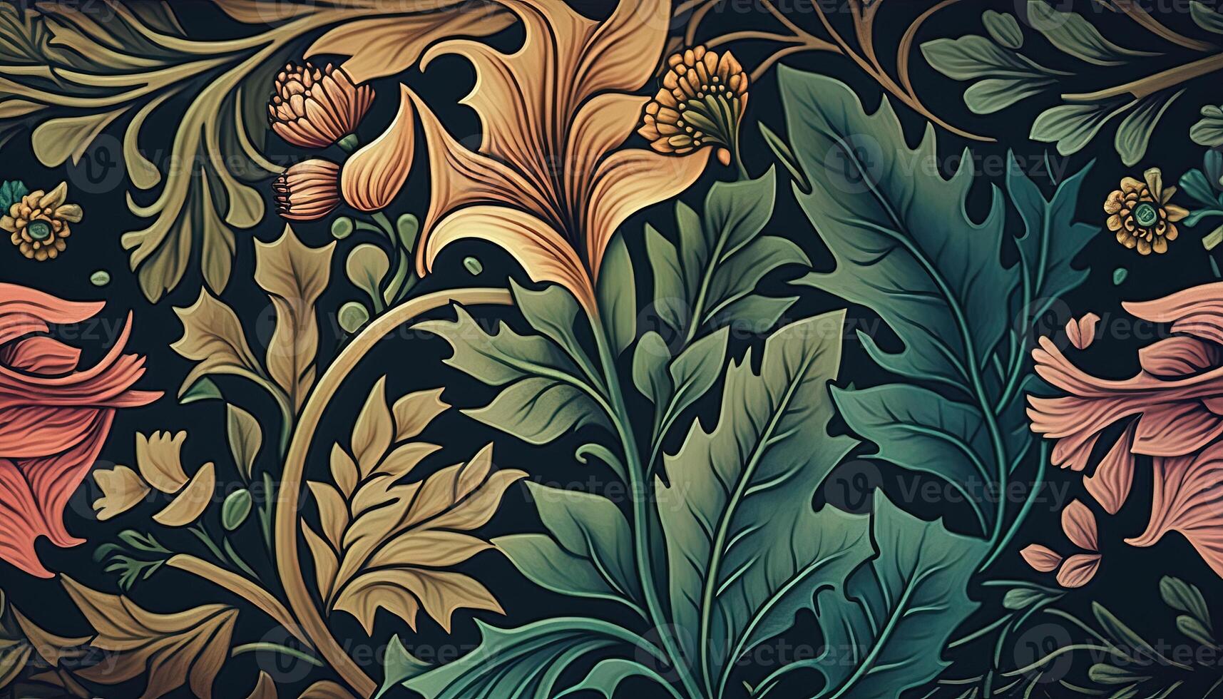 generativ ai, blommig färgrik mönster. william morris inspirerad naturlig växter och blommor bakgrund, årgång illustration. lövverk prydnad. foto