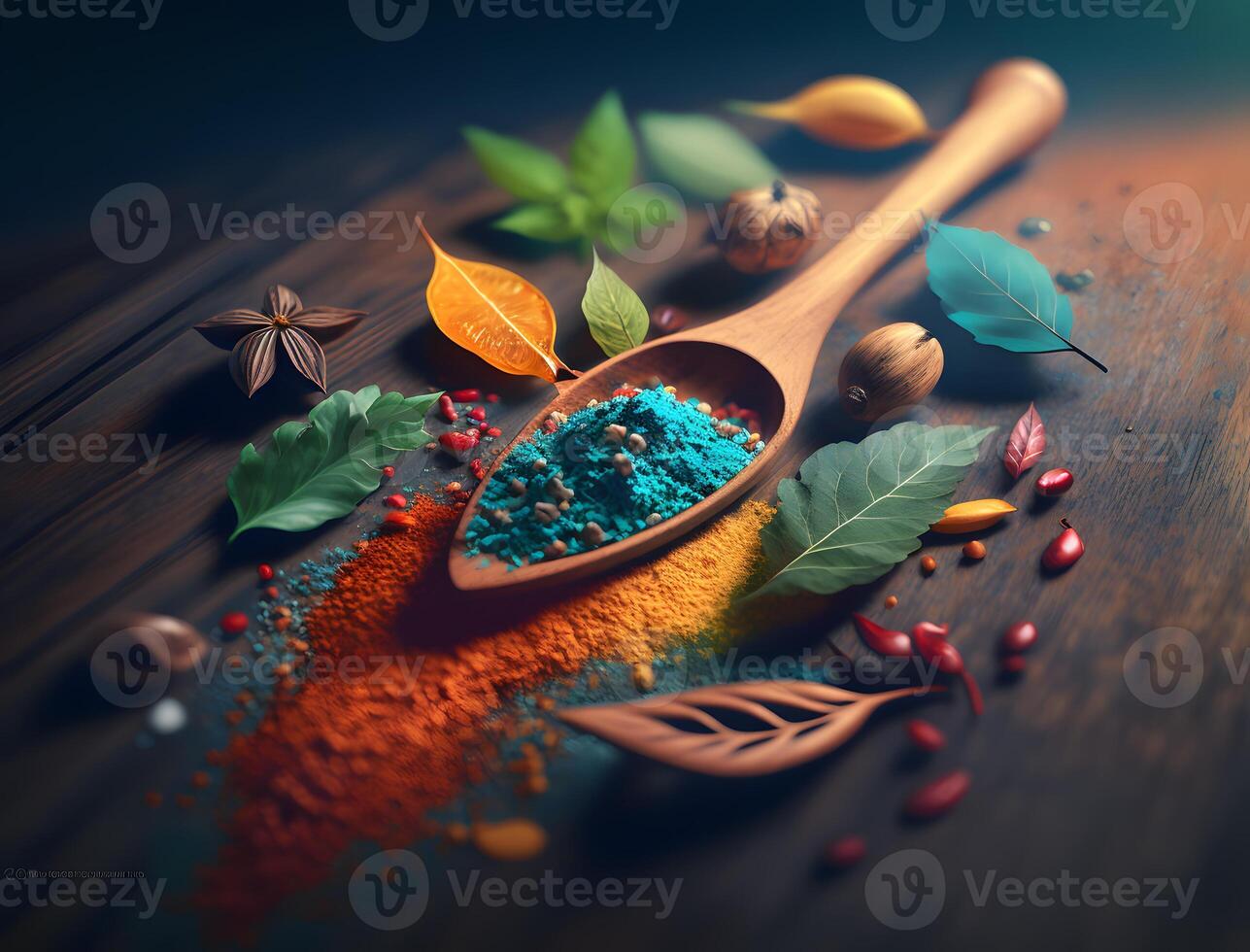 kryddor, olika typer av naturlig matlagning kryddor på en trä- bakgrund, ai genererad foto