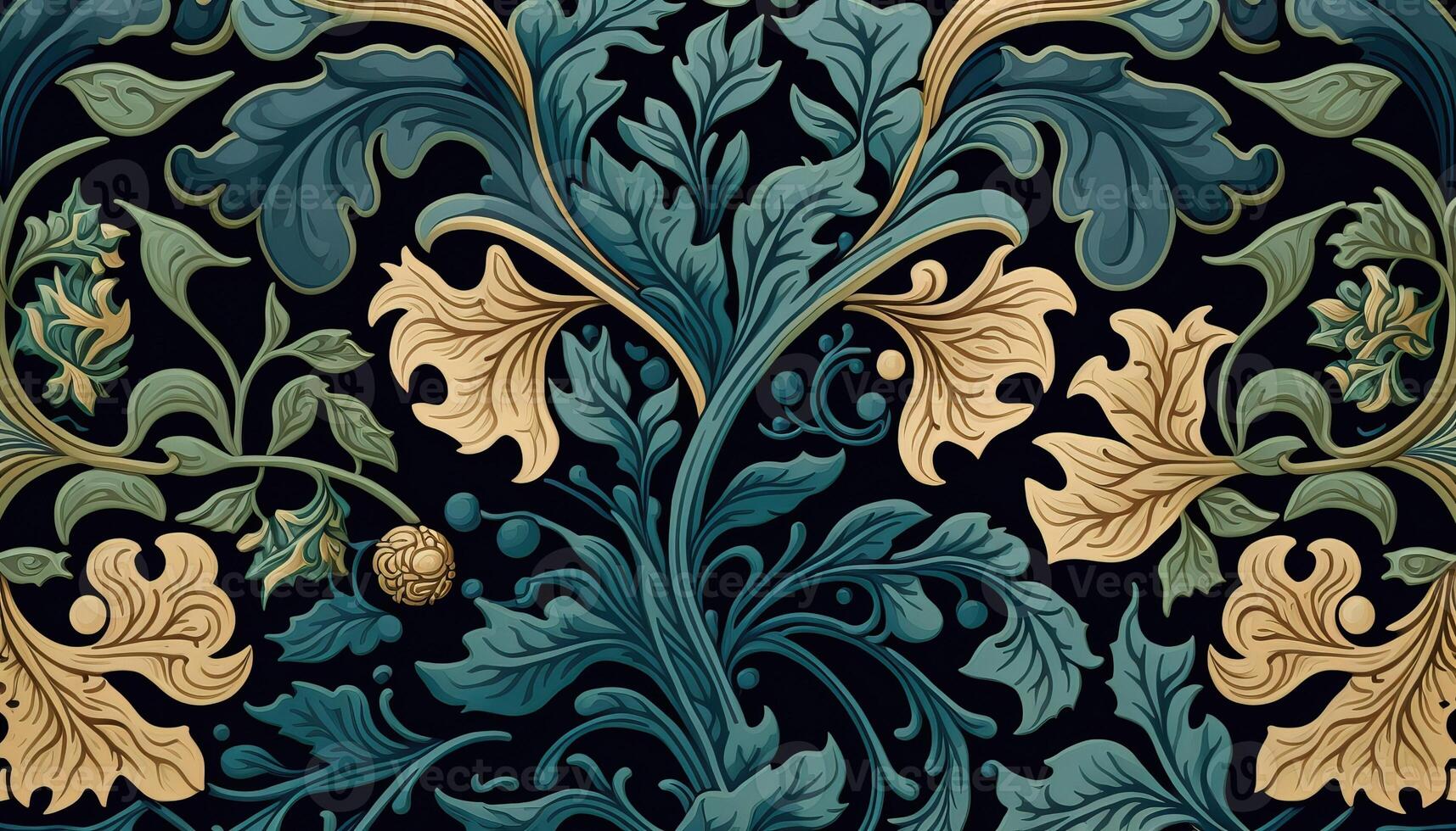 generativ ai, blommig färgrik mönster. william morris inspirerad naturlig växter och blommor bakgrund, årgång illustration. lövverk prydnad. foto