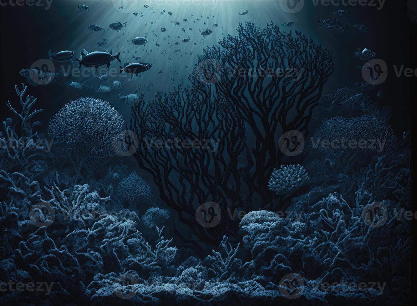 ai genererad djup under vattnet atmosfär. stor korall rev , tång och djup vatten fisk på mörk bakgrund. foto