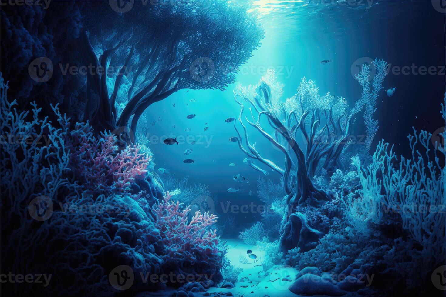 ai genererad djup under vattnet atmosfär. stor korall rev , tång och djup vatten fisk på mörk blå bakgrund. foto