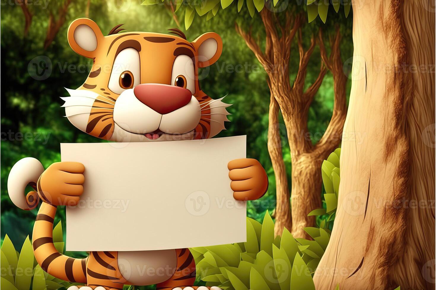 ai genererad 3d söt tiger tecknad serie innehav tom tecken. 3d djur- bakgrund. lämplig för banderoller, tecken, logotyper, försäljning, rabatt, produkt kampanjer, etc. foto