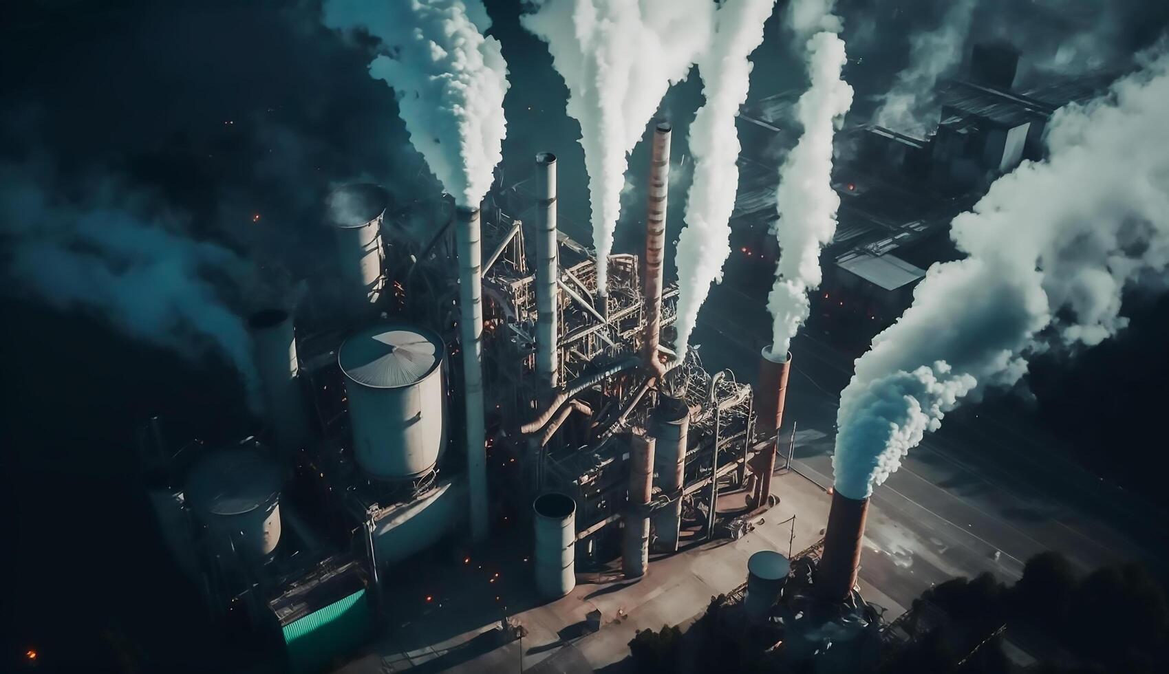 industriell fabrik förorening, fabriksskorsten uttömma gaser, dålig atmosfär, generativ ai foto