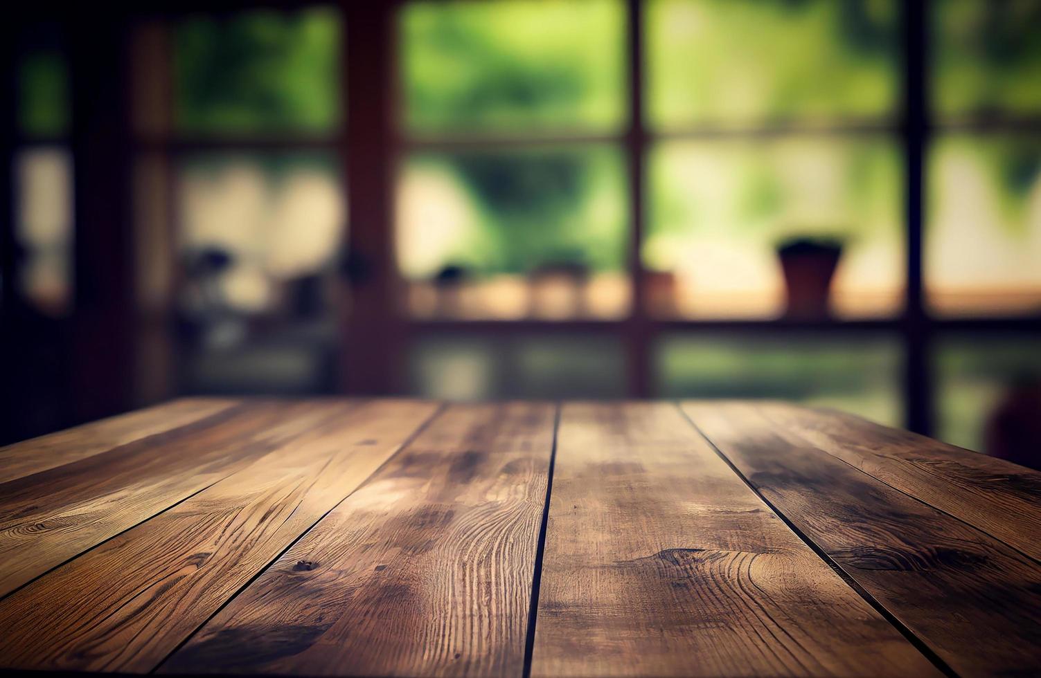 abstrakt tömma trä- skrivbord tabell med kopia Plats över interiör Kafé och restaurang med suddig bakgrund, visa för produkt montage, generativ ai foto