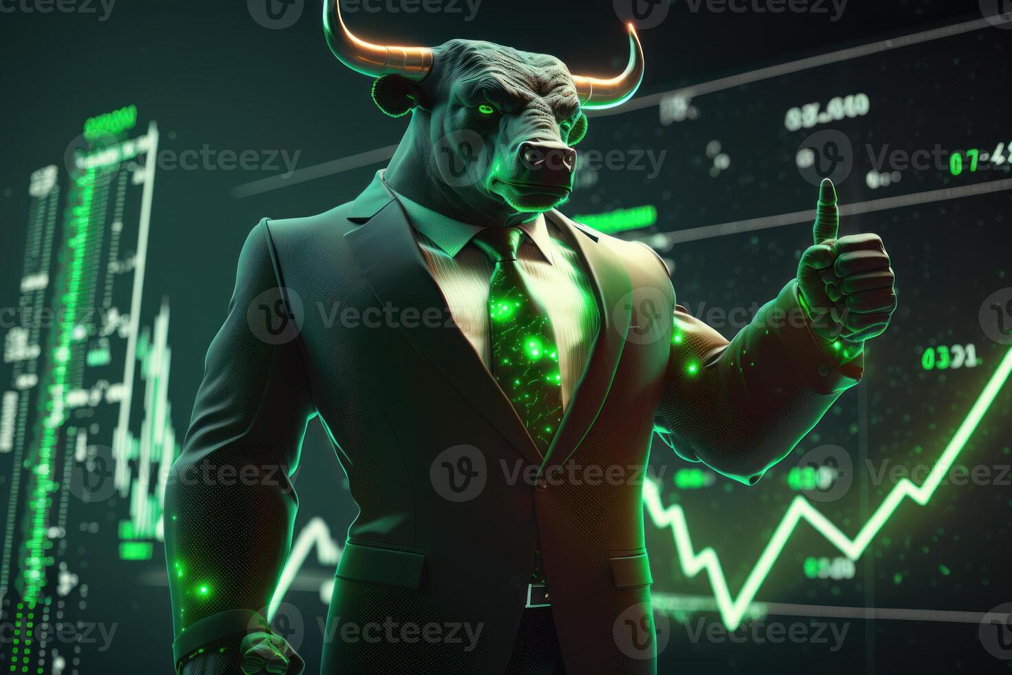 tjur hausse divergens i stock marknadsföra och crypto valuta med grön Graf bakgrund. skapas generativ ai foto