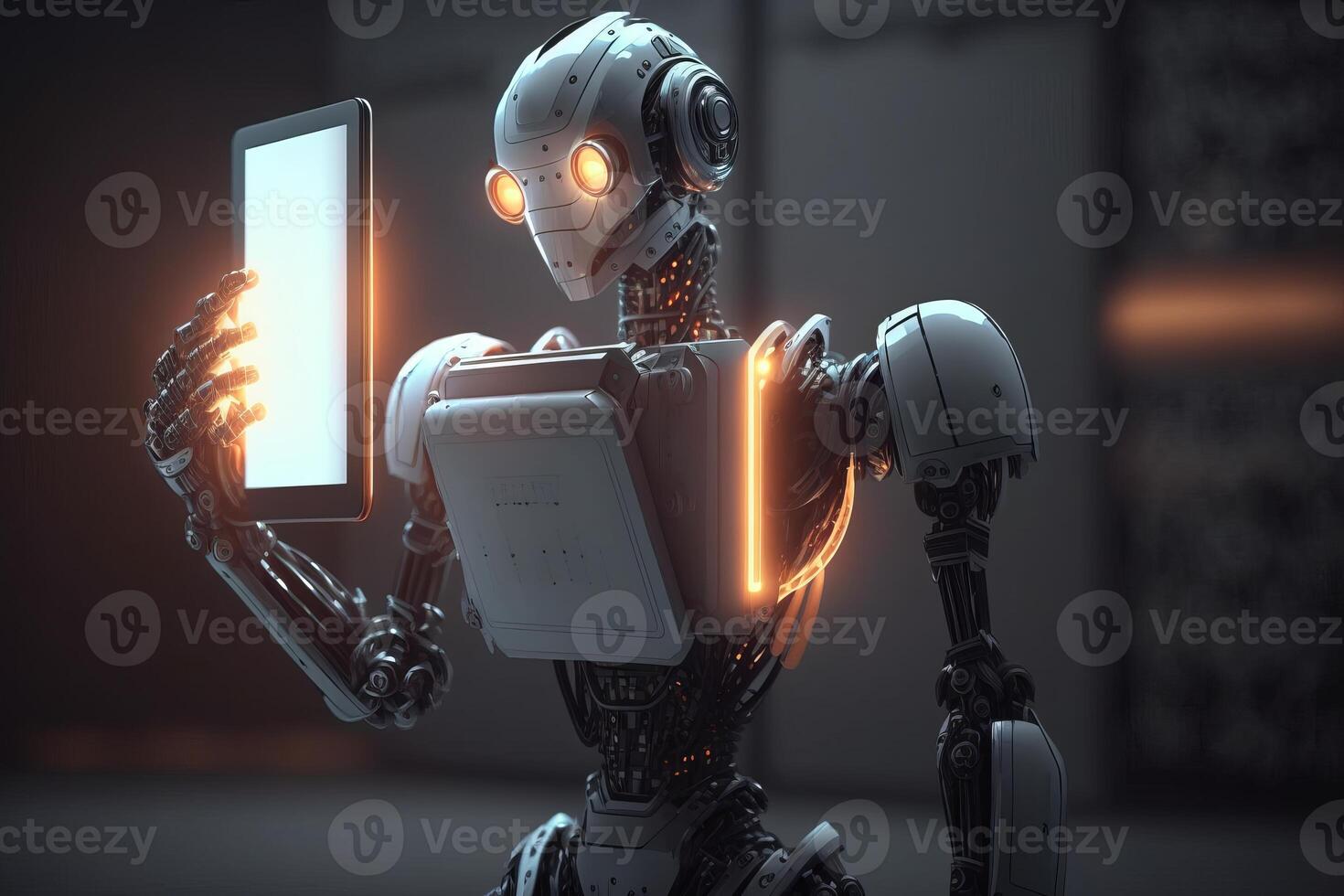 ai robot arbetssätt använder sig av läsplatta. trogen humanoid arbetstagare. generativ ai foto
