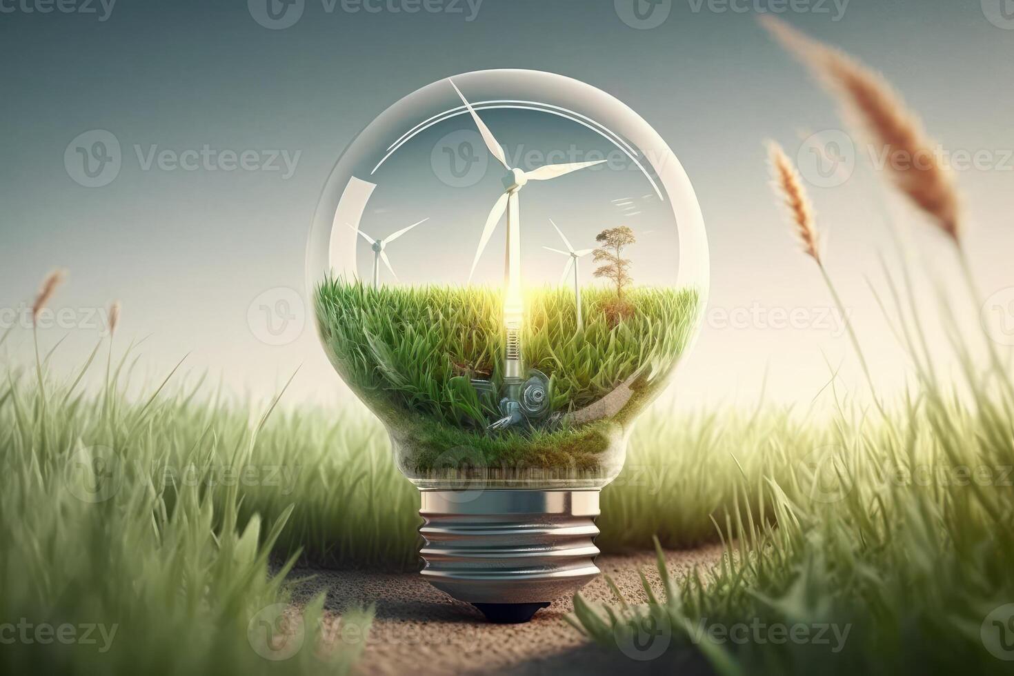 ljus Glödlampa med vind turbin och grön gräs inuti, grön och hållbar energi begrepp. generativ ai foto