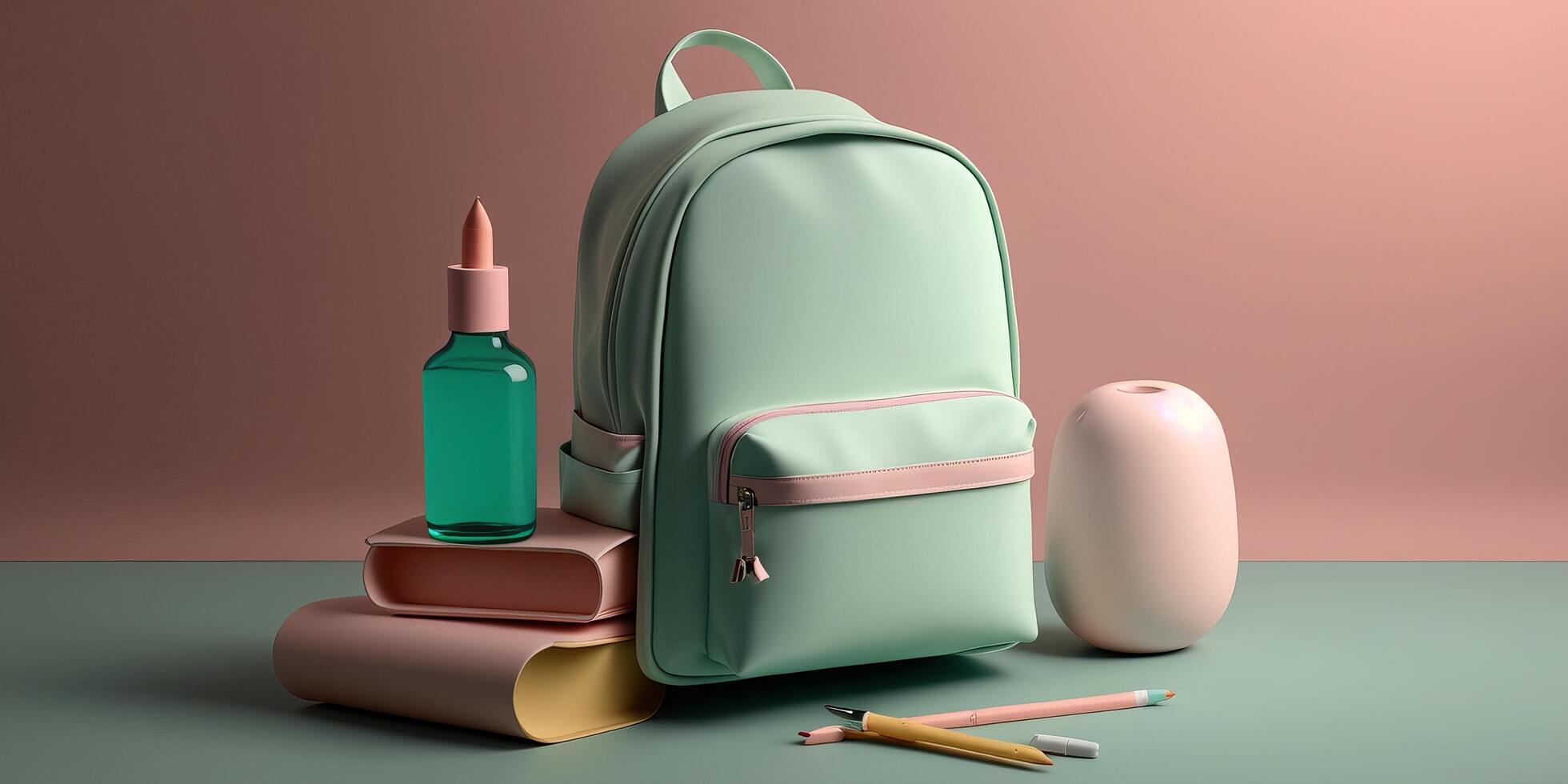 ryggsäckar med skola brevpapper på pastell Färg bakgrund. skapas med generativ ai teknologi foto