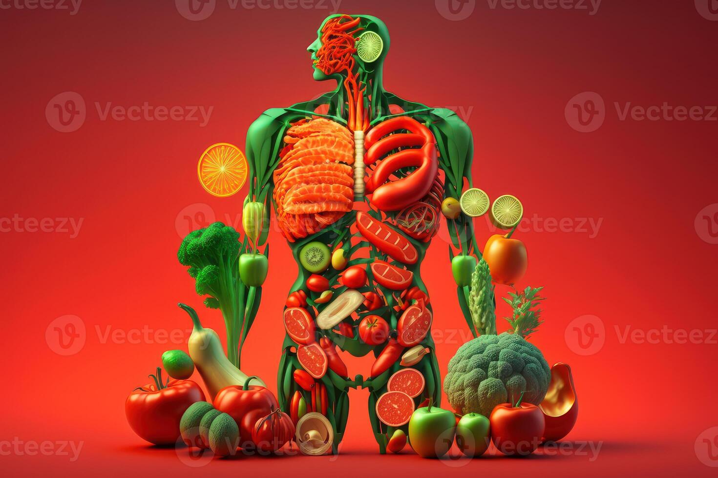 grönsaker formning en mänsklig kropp ämnesomsättning och näring, äter diet mat för energi och matsmältning. skapas generativ ai foto