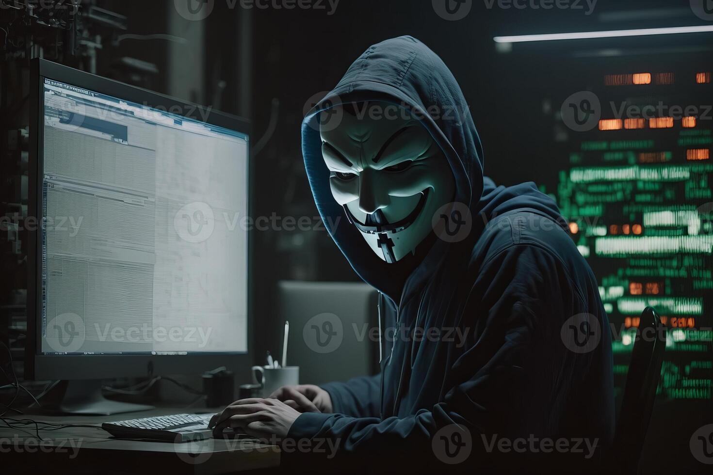 huvor hacker med mask använder sig av bärbar dator ha sönder eller ge sig på in i data server. dataintrång, kodning eller skadliga program begrepp. generativ ai foto