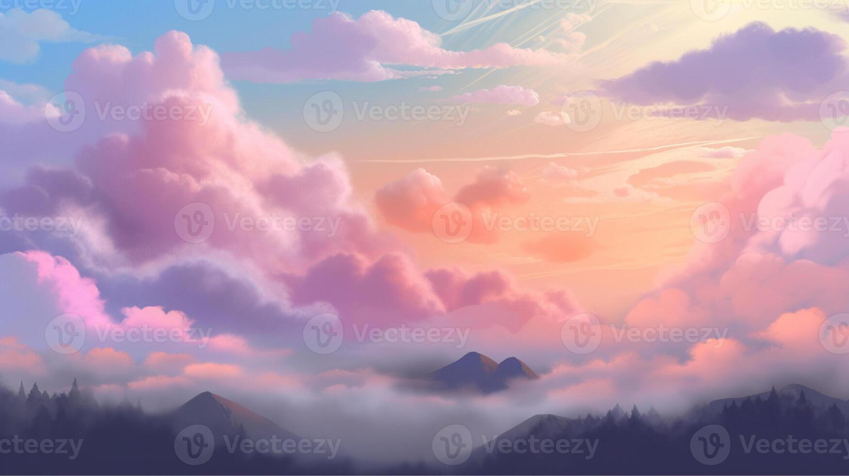 färgrik soluppgång över rullande landsbygden, med de himmel fylld med en blandning av mjuk rosa, orange, och blå moln. fredlig och lugn, pastellfärgade moln med mjuk kanter bakgrund ai genererad foto