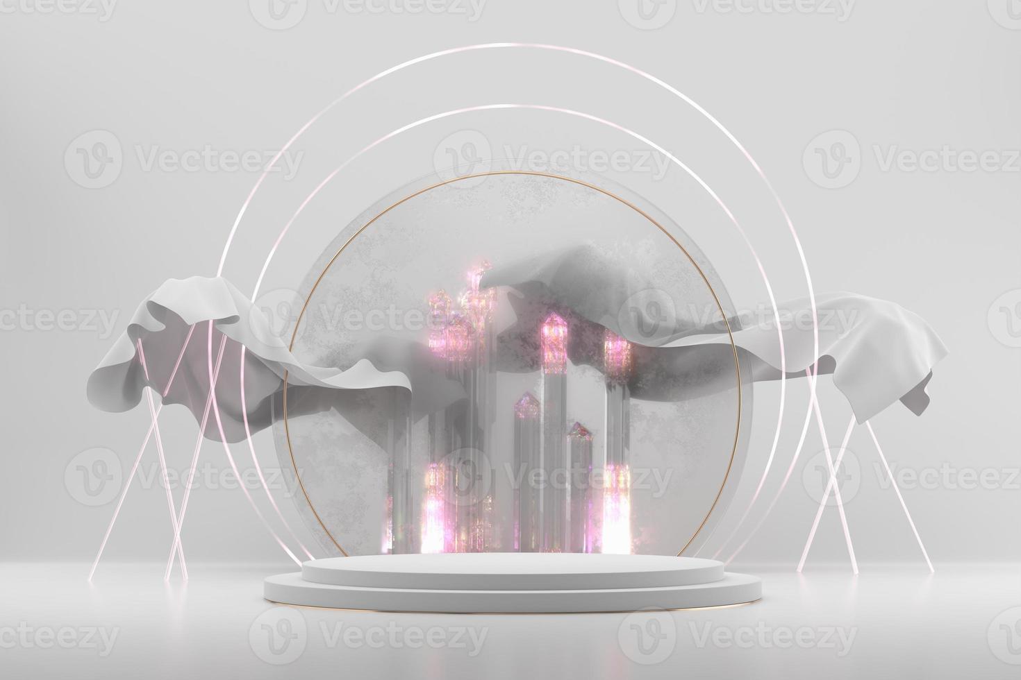 abstrakt vit podium för podium för produktvisning med kristall, renderingbakgrund 3d foto