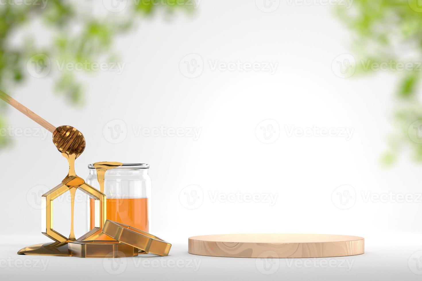 honungsirap och träplattformbannerbakgrund, 3d framför foto