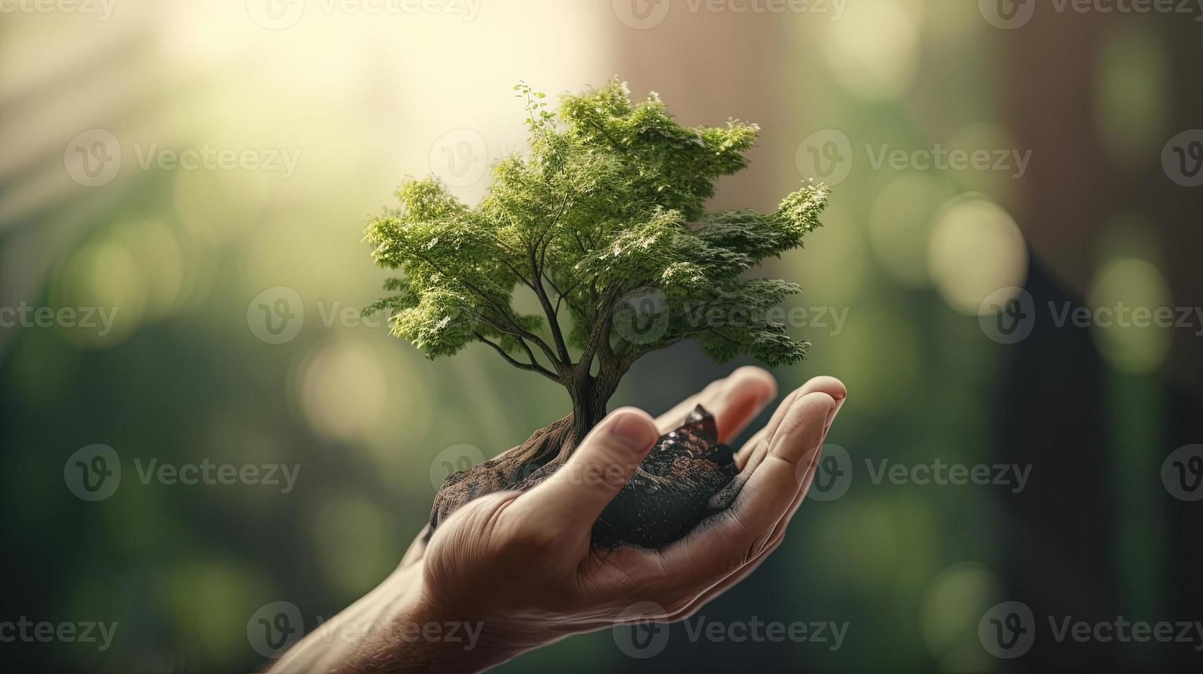 konstnärlig händer omfamning naturens skönhet innehav träd över suddig bakgrund foto