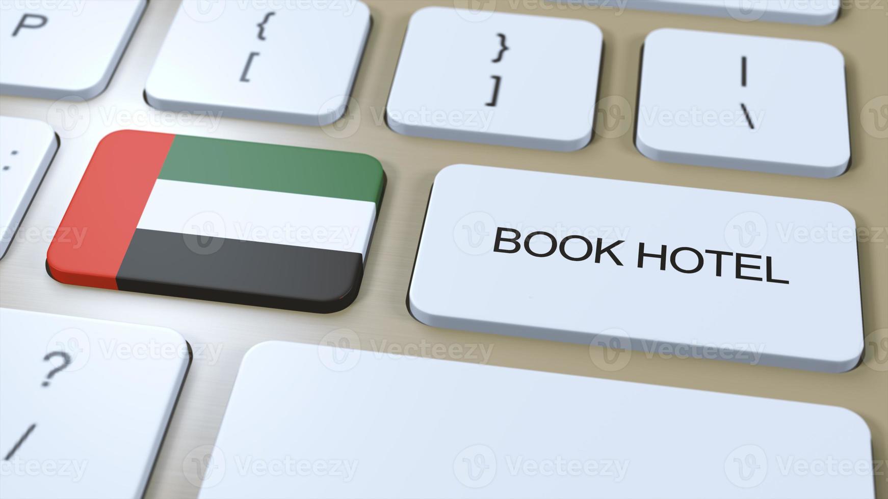 bok hotell i uae förenad arab emirates med hemsida uppkopplad. knapp på dator tangentbord. resa begrepp 3d animation. bok hotell text och nationell flagga. 3d illustration foto