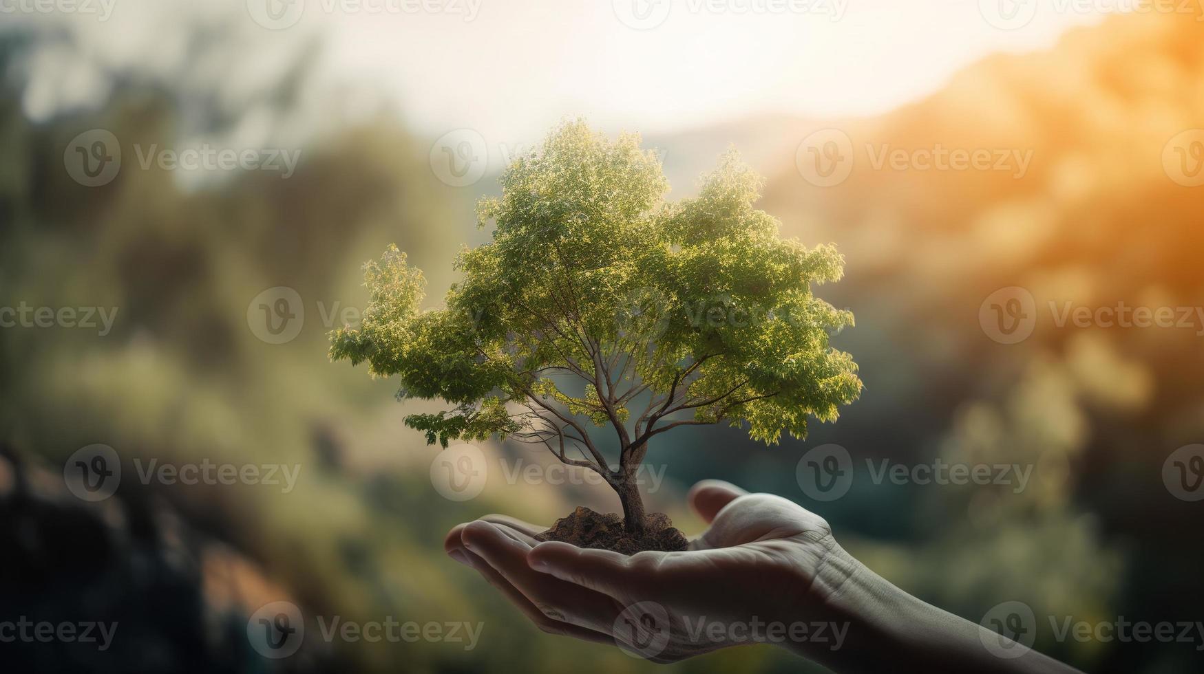 konstnärlig händer omfamning naturens skönhet innehav träd över suddig bakgrund foto