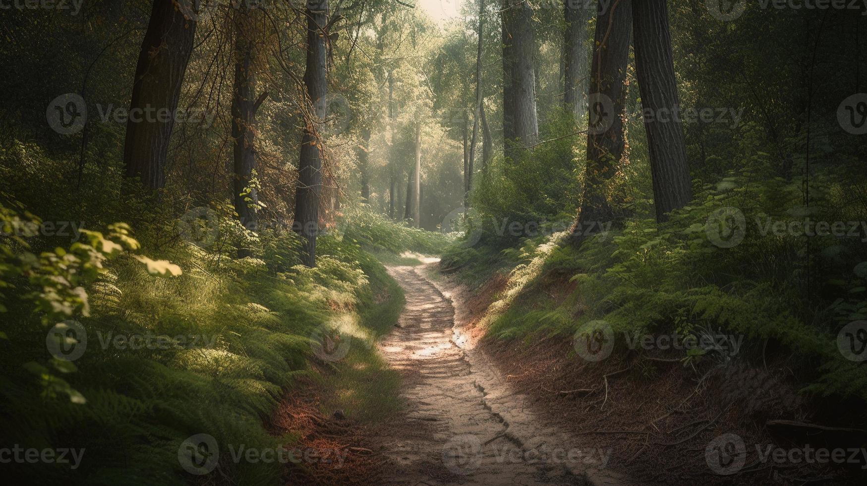 dimmig väg genom de skog ,solnedgång i en mörk skog med strålar av ljus godkänd genom de träd foto