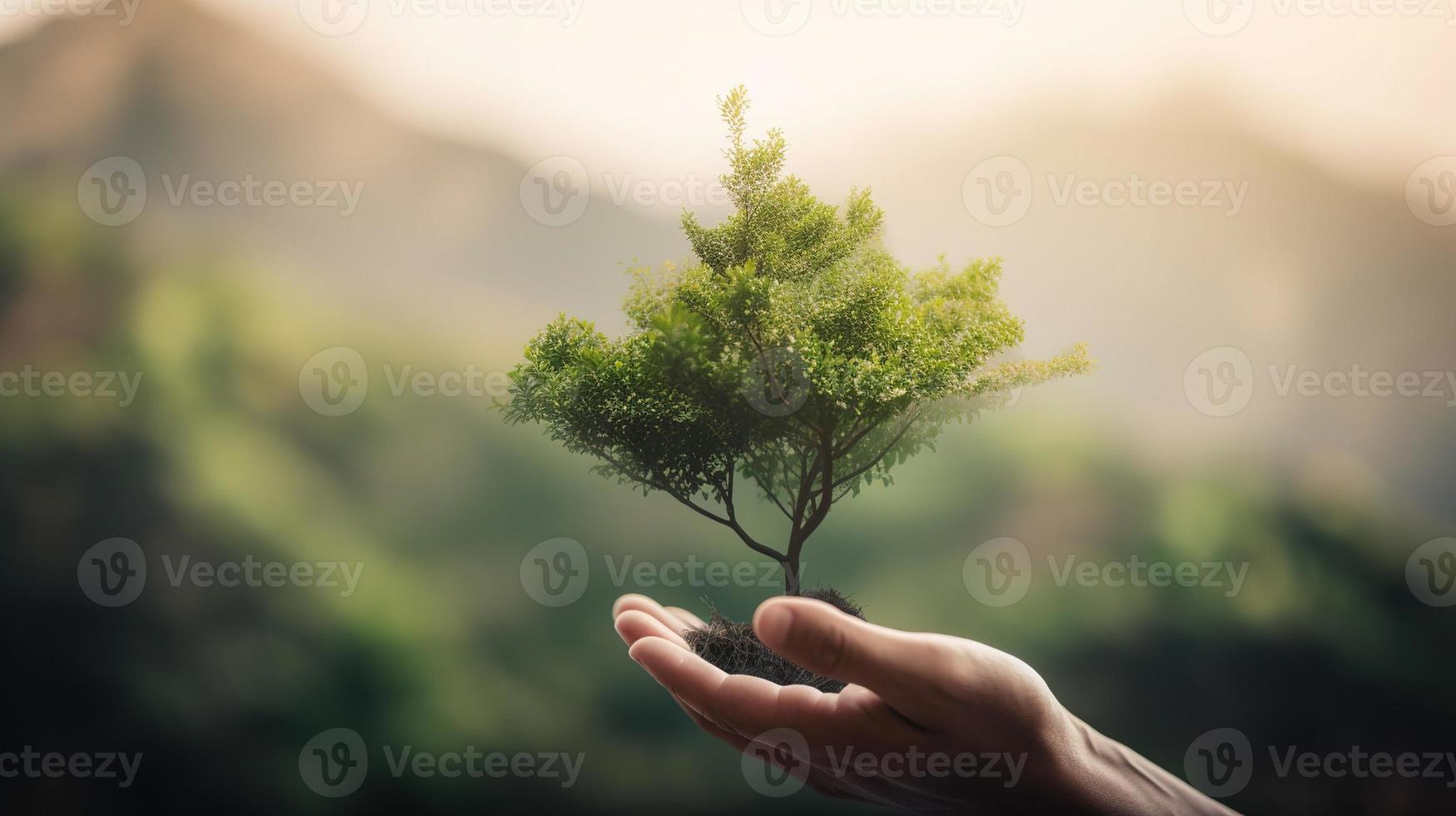 konstnärlig händer omfamning naturens skönhet innehav träd över suddig bakgrund foto